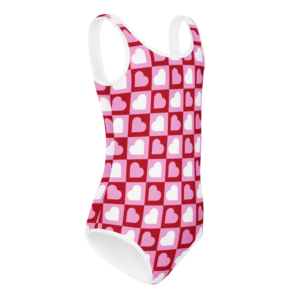 Girls Valentine’s Day checkered heart buttery soft one-piece swimsuit in pink and red with white trim for dance and gymnastics