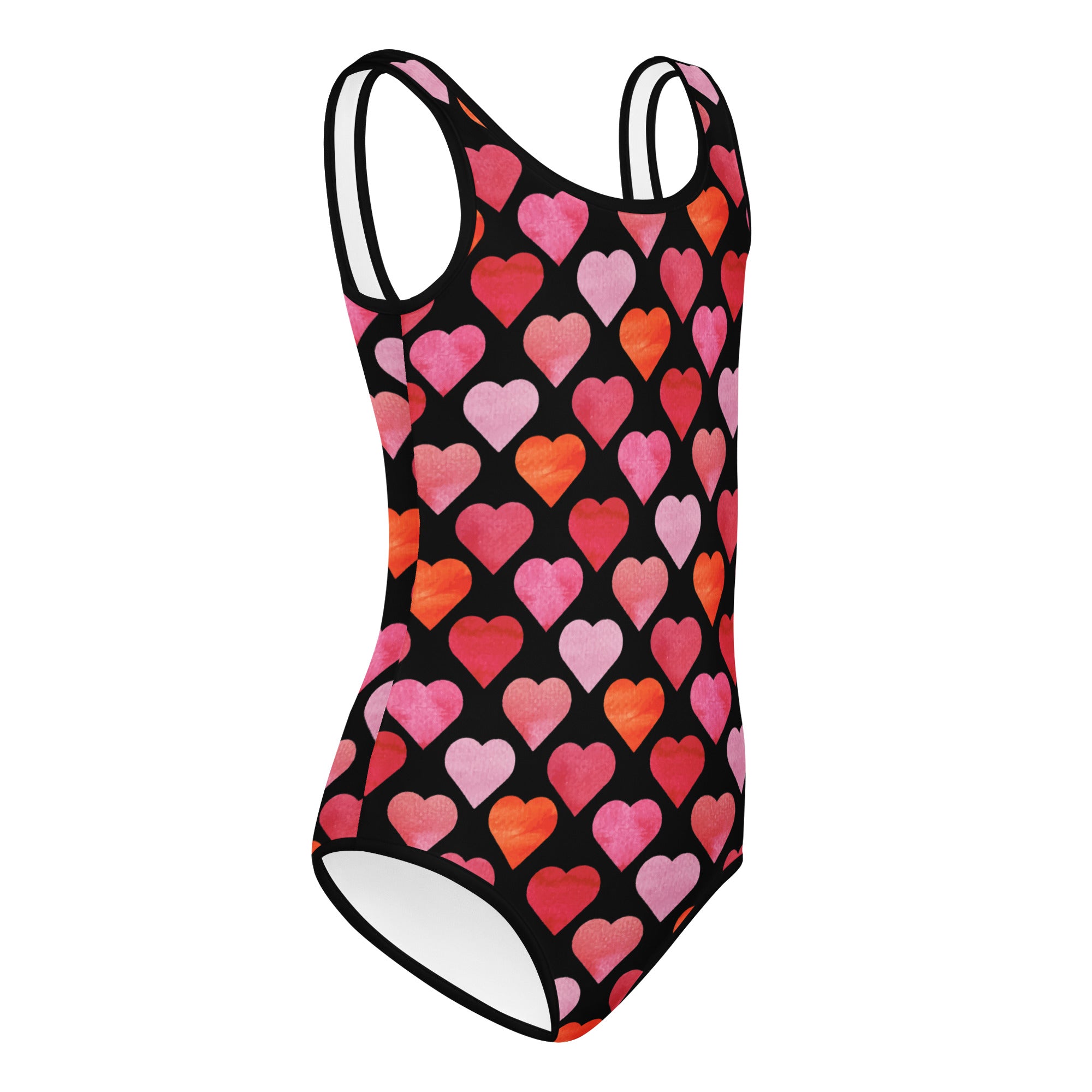 Girls Valentine’s Day black one-piece leotard with vibrant watercolor heart pattern quick drying for dance and gymnastics