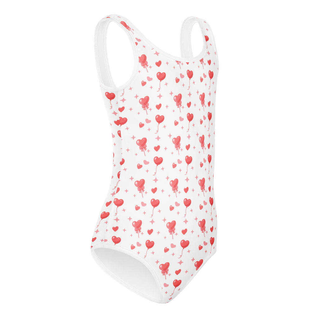 White one-piece swimsuit with red heart-shaped balloons and pink hearts buttery soft quick-drying for dance and gymnastics