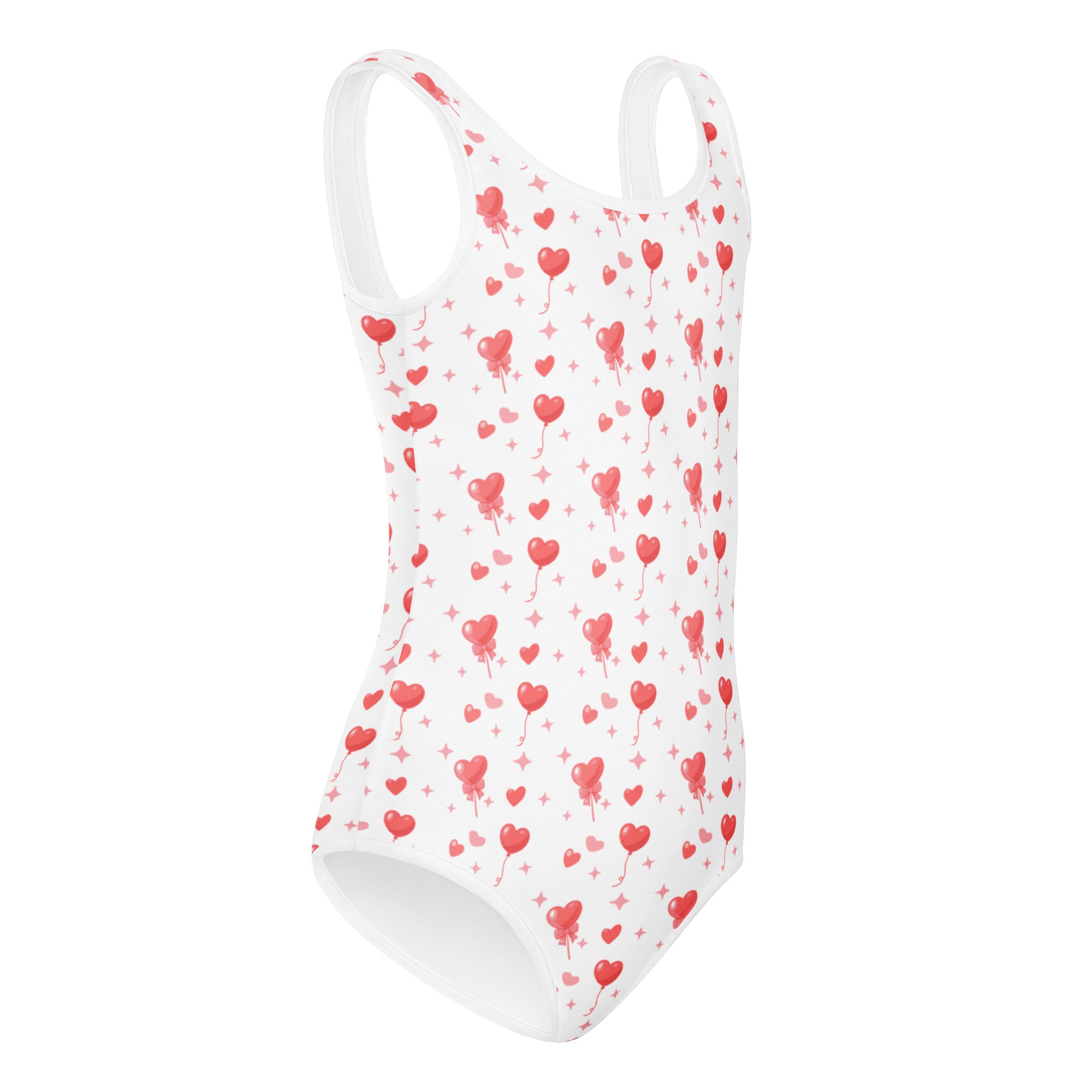White one-piece swimsuit with red heart-shaped balloons and pink hearts buttery soft quick-drying for dance and gymnastics