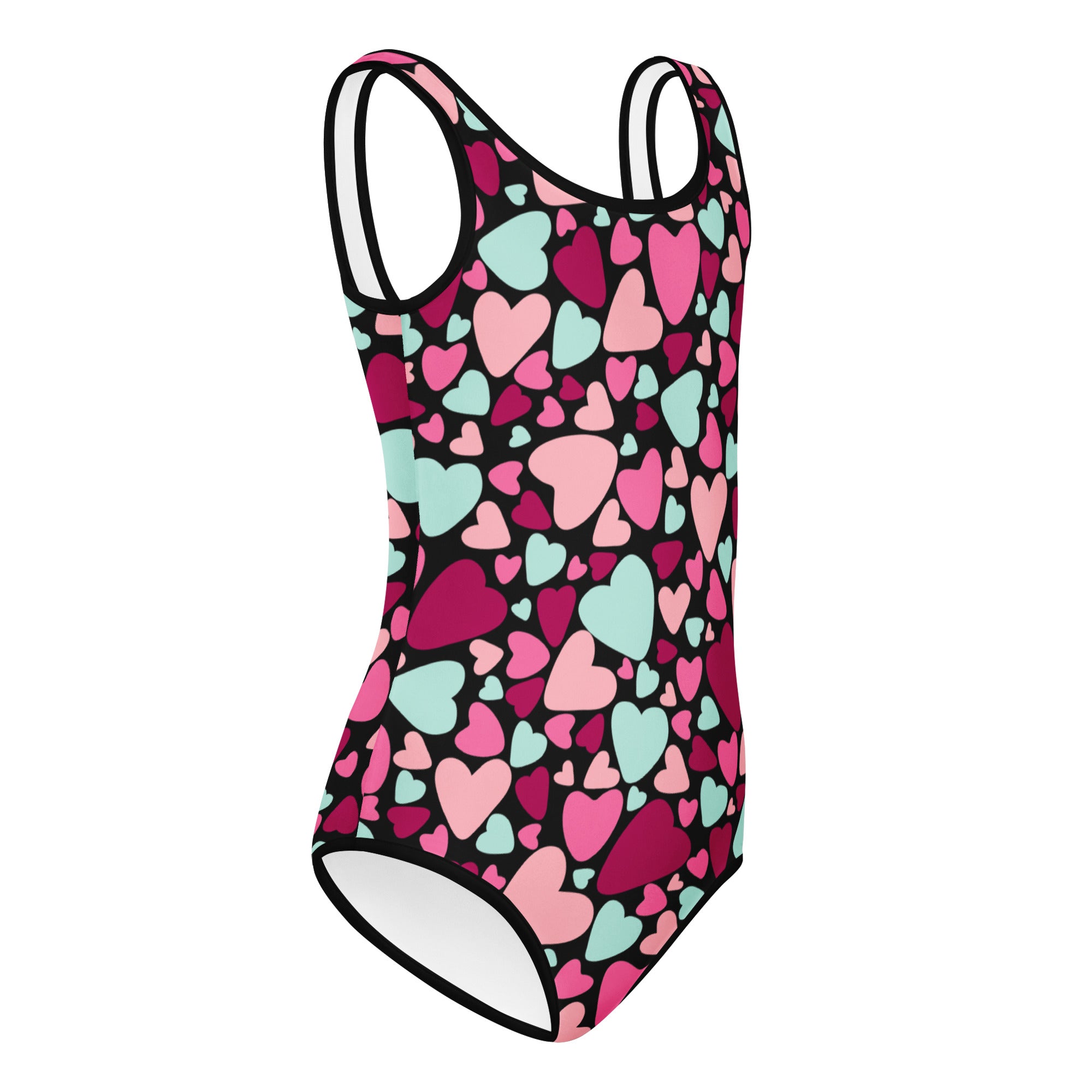 A girls valentine’s day multicolor heart buttery soft leotard with pink and mint green hearts on black for dance and gymnastics