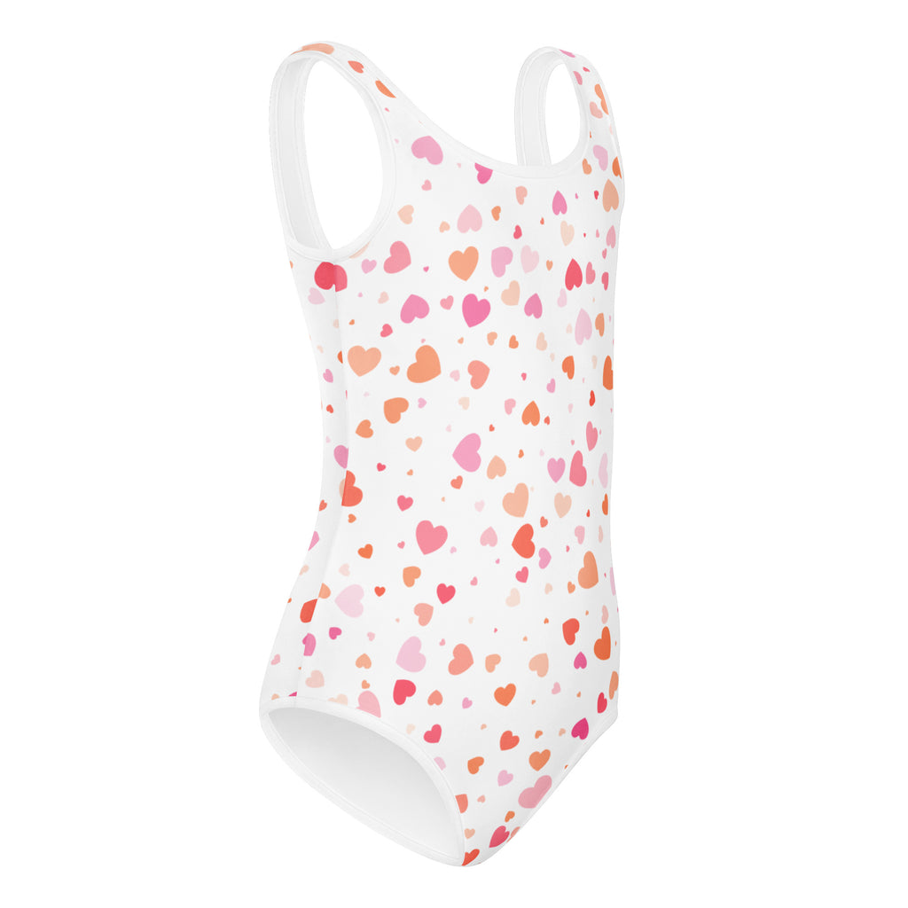 Girls pastel heart buttery soft white leotard with pink and peach hearts quick drying for dance and gymnastics