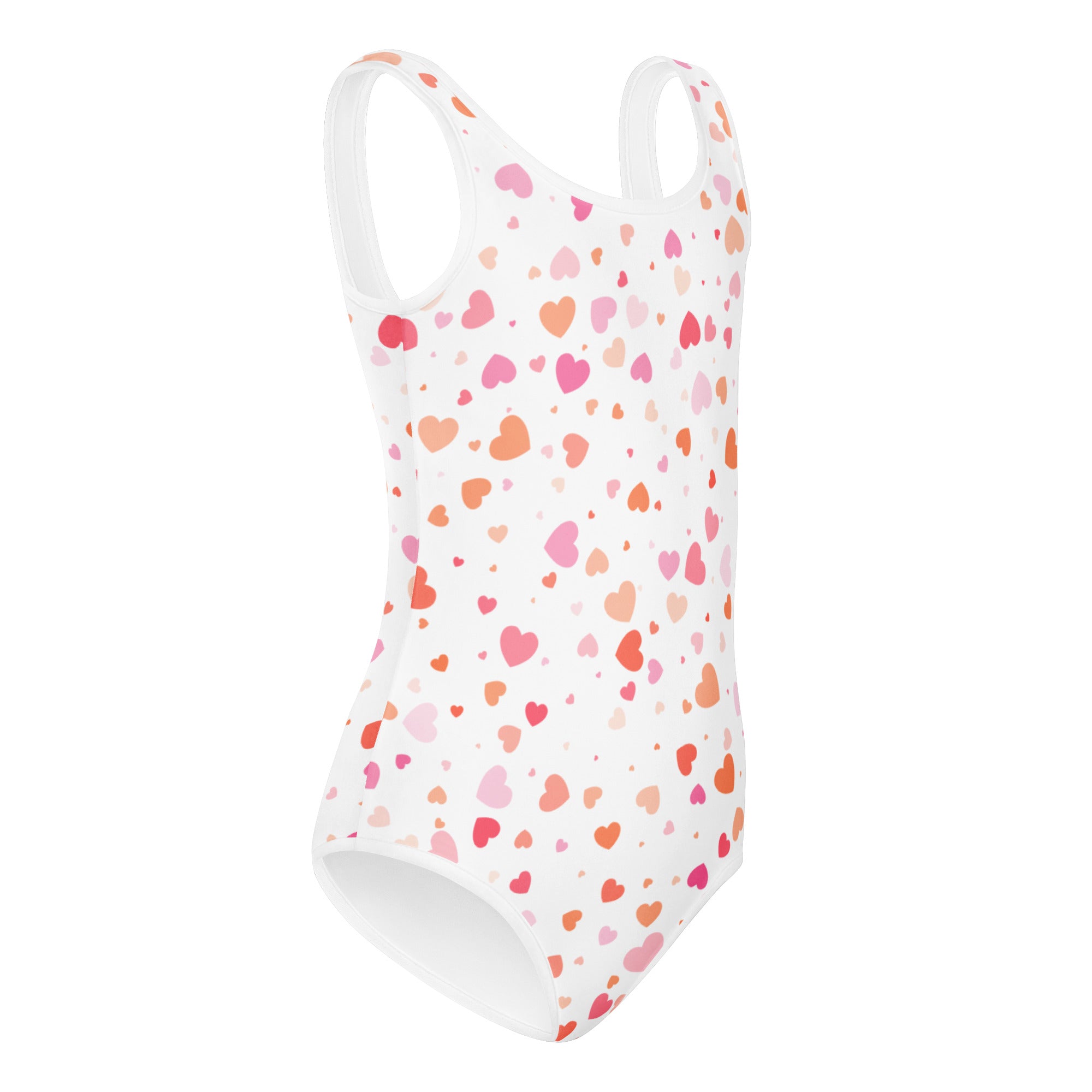 Girls pastel heart buttery soft white leotard with pink and peach hearts quick drying for dance and gymnastics