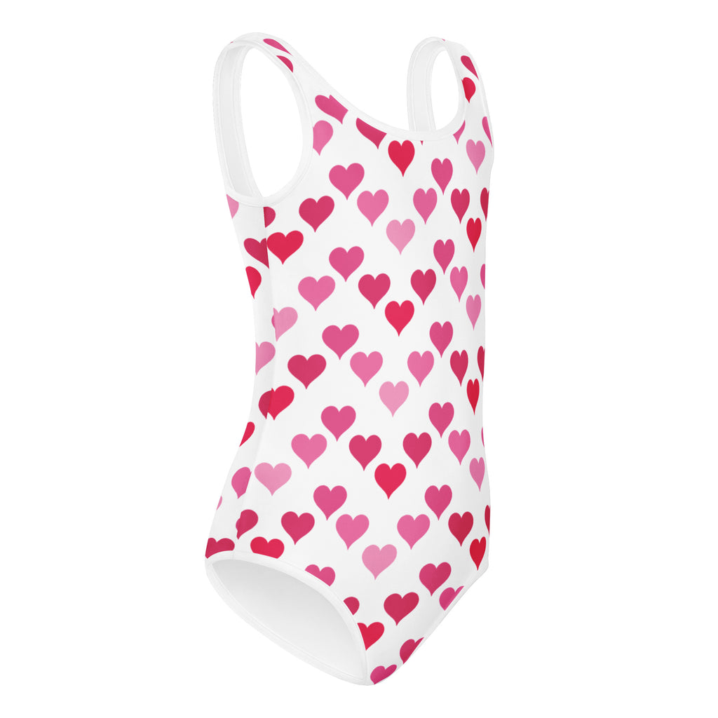 White one-piece swimsuit with pink and red heart pattern buttery soft quick drying for girls dance and gymnastics