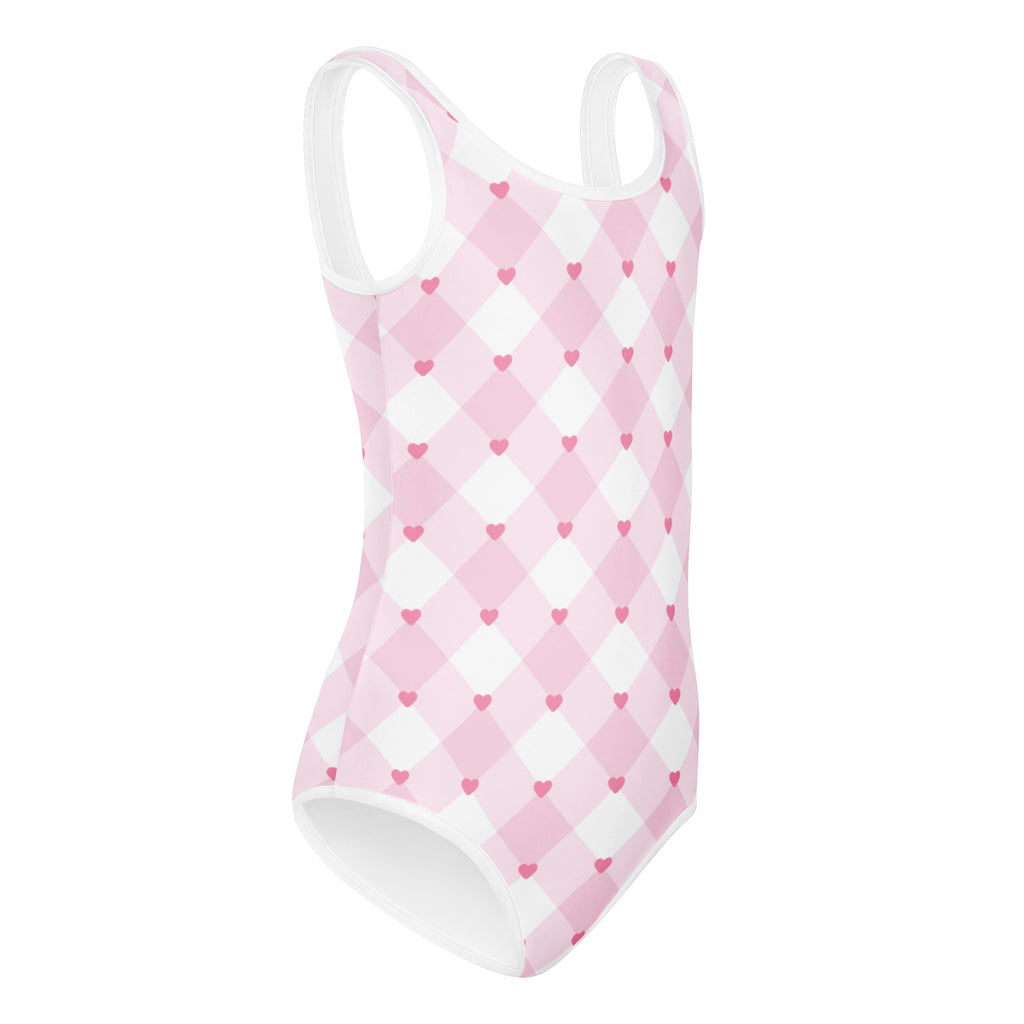 Girls pink argyle heart buttery soft one-piece swimsuit with small red hearts quick drying for dance and gymnastics