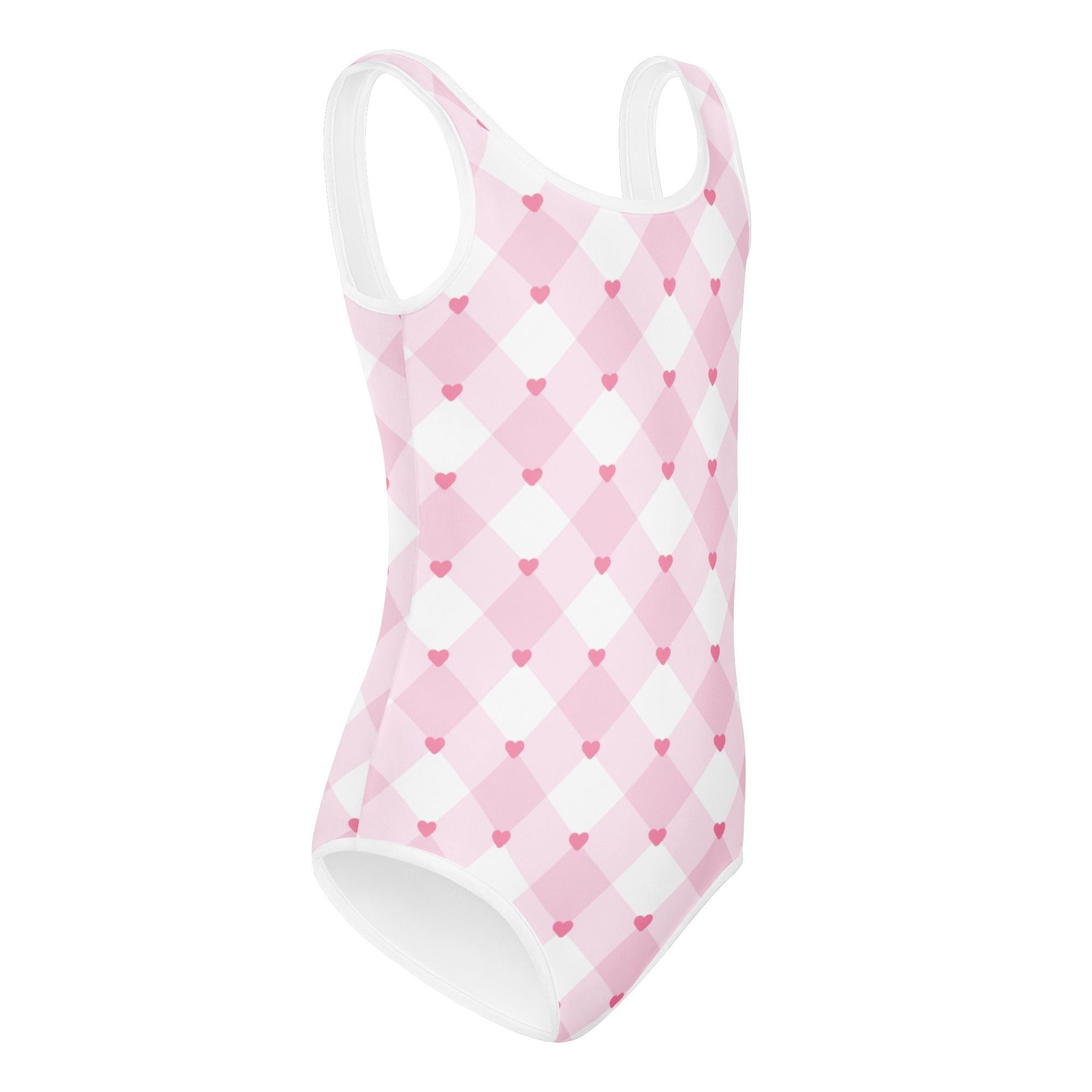 Girls pink argyle heart buttery soft one-piece swimsuit with small red hearts quick drying for dance and gymnastics