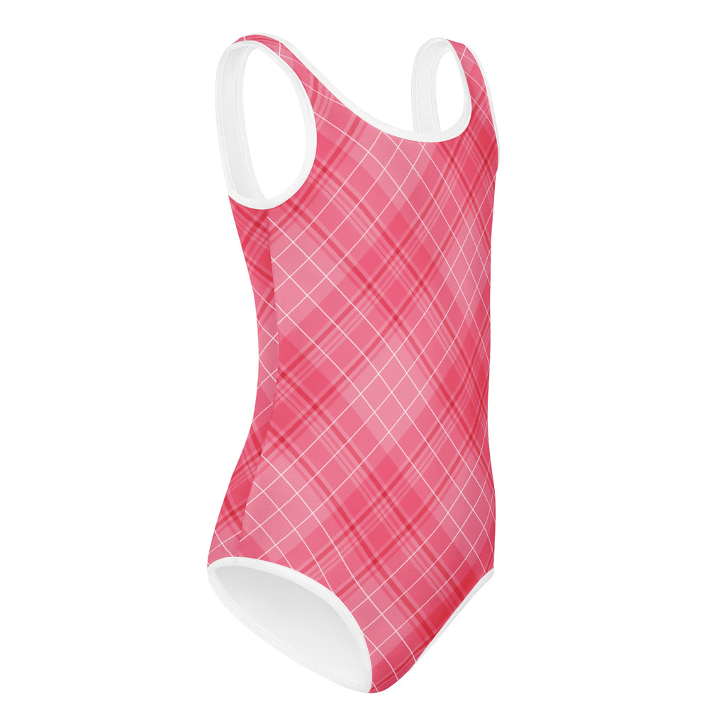 Girls valentine’s day pink and white plaid buttery soft quick drying leotard for dance and gymnastics with white trim
