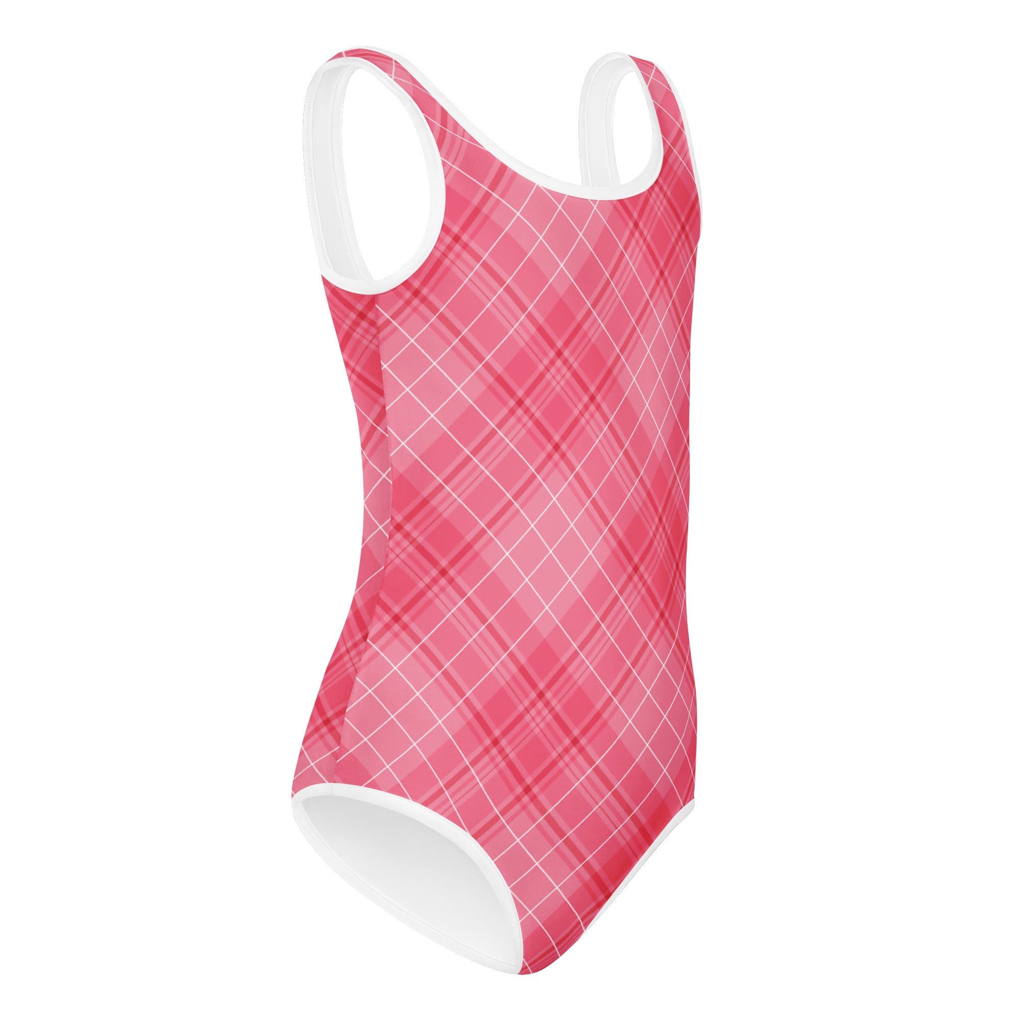 Girls valentine’s day pink and white plaid buttery soft quick drying leotard for dance and gymnastics with white trim