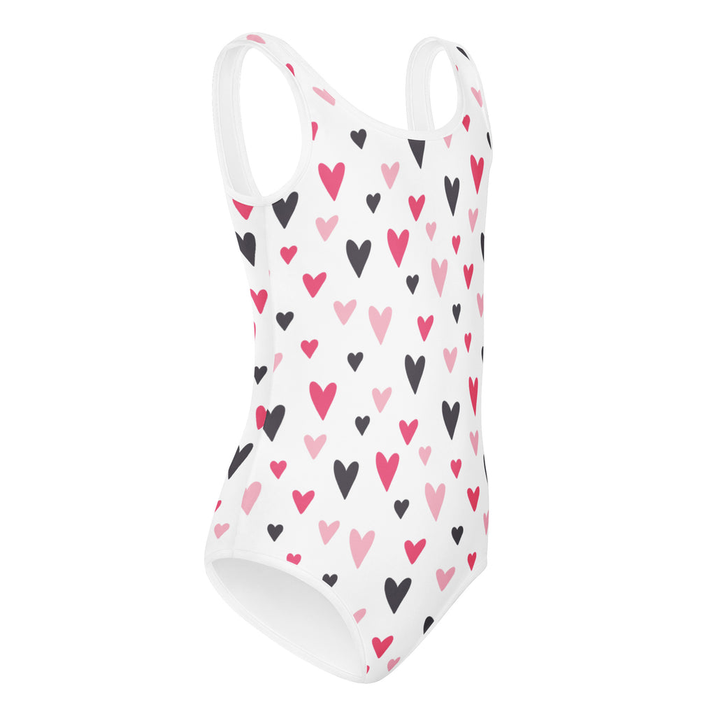Girls valentine heart buttery soft white one-piece swimsuit with black and pink heart pattern for dance and gymnastics