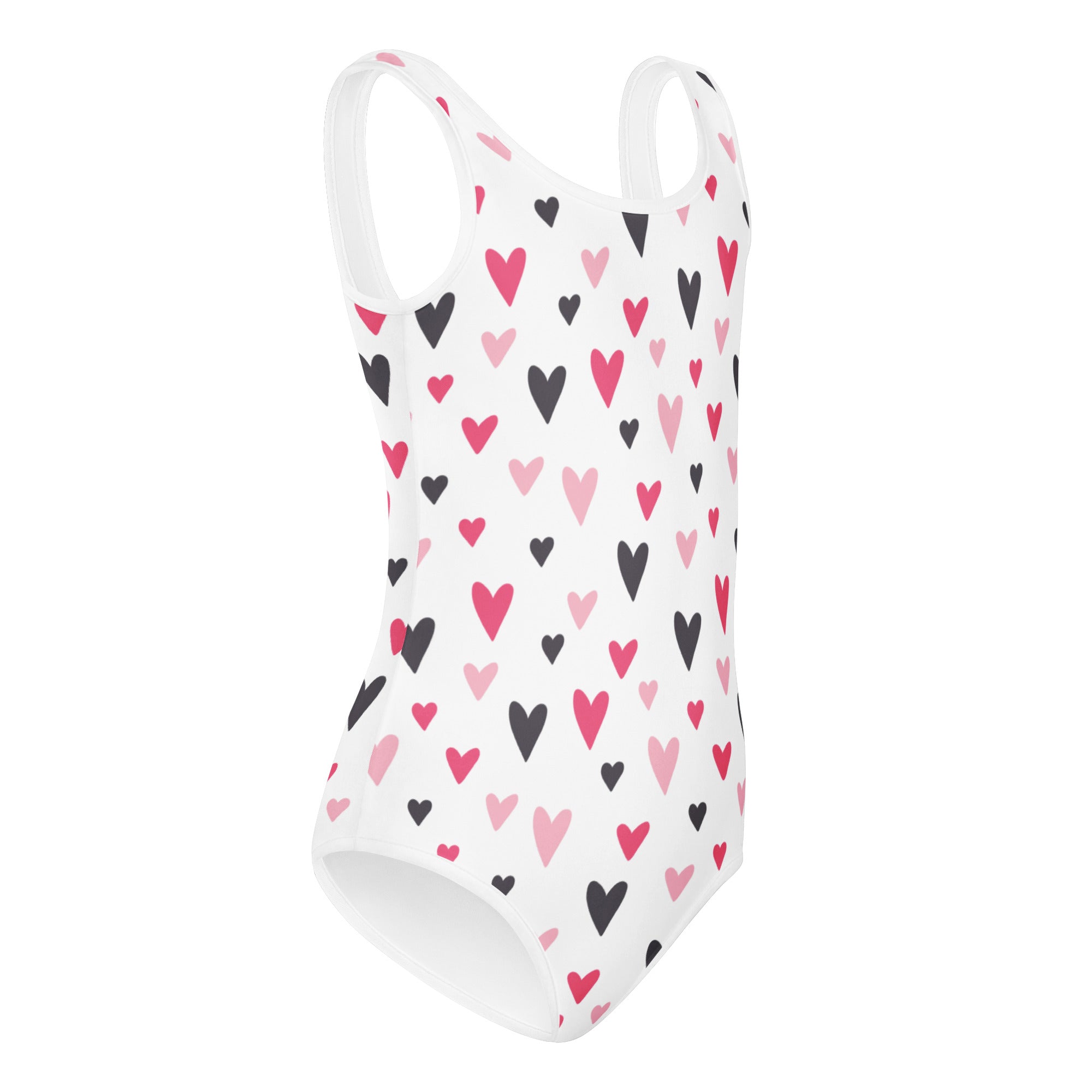 Girls valentine heart buttery soft white one-piece swimsuit with black and pink heart pattern for dance and gymnastics
