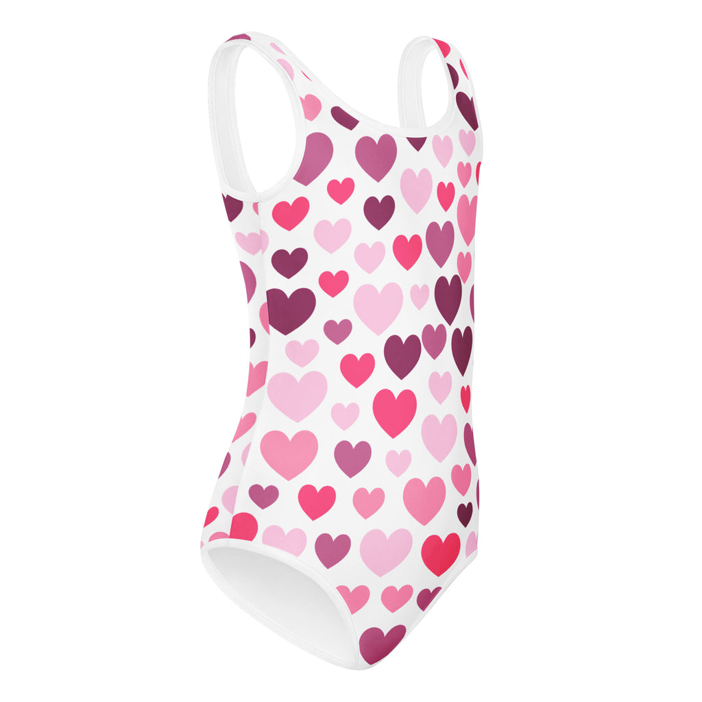 White one-piece girls valentine leotard with multi-pink heart pattern buttery soft quick drying for dance and gymnastics