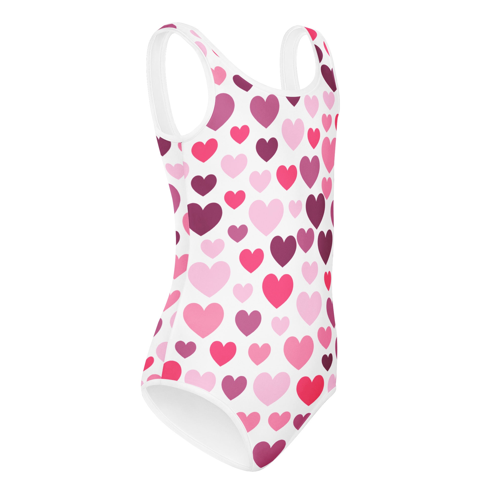 White one-piece girls valentine leotard with multi-pink heart pattern buttery soft quick drying for dance and gymnastics