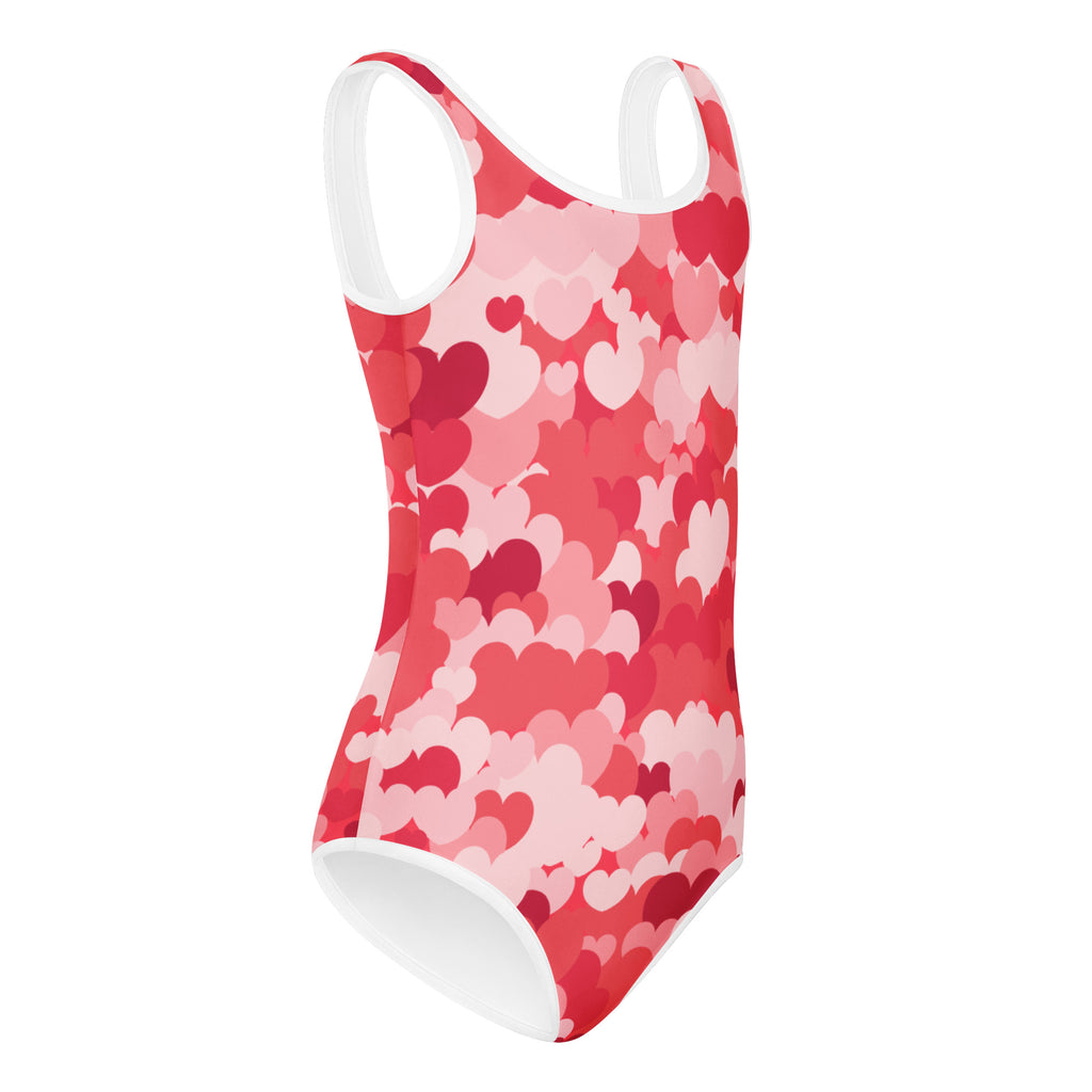 Girls heart cloud buttery soft one-piece swimsuit in red and pink with white trim quick drying for dance and gymnastics