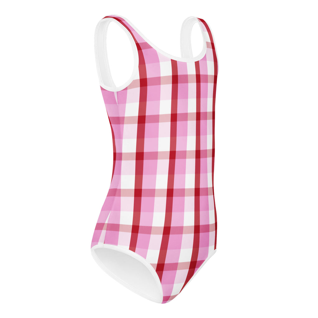 Girls Valentine pink plaid buttery soft one-piece swimsuit with white trim quick drying for dance and gymnastics