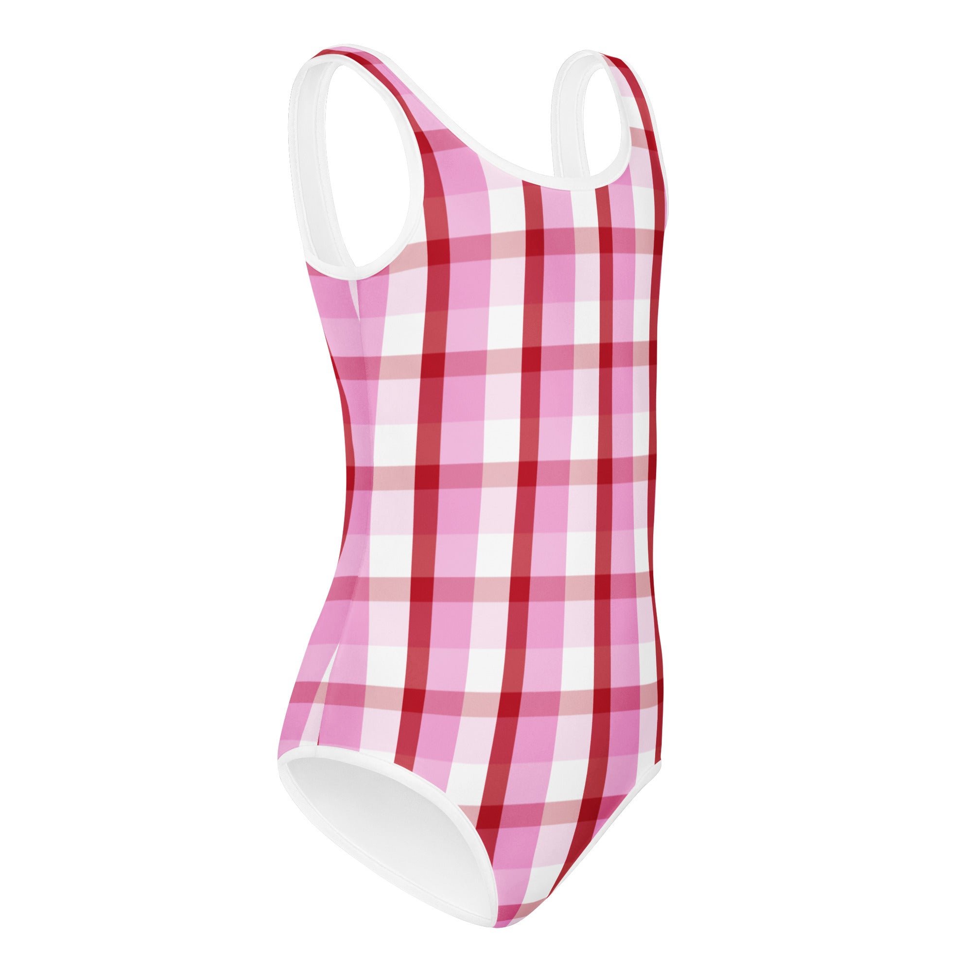 Girls Valentine pink plaid buttery soft one-piece swimsuit with white trim quick drying for dance and gymnastics