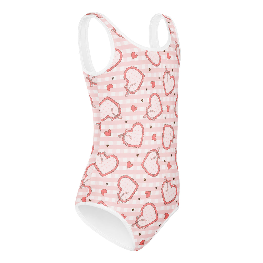 Pink and white gingham girls valentine bow heart stripe buttery soft quick drying leotard with lace trim and bows