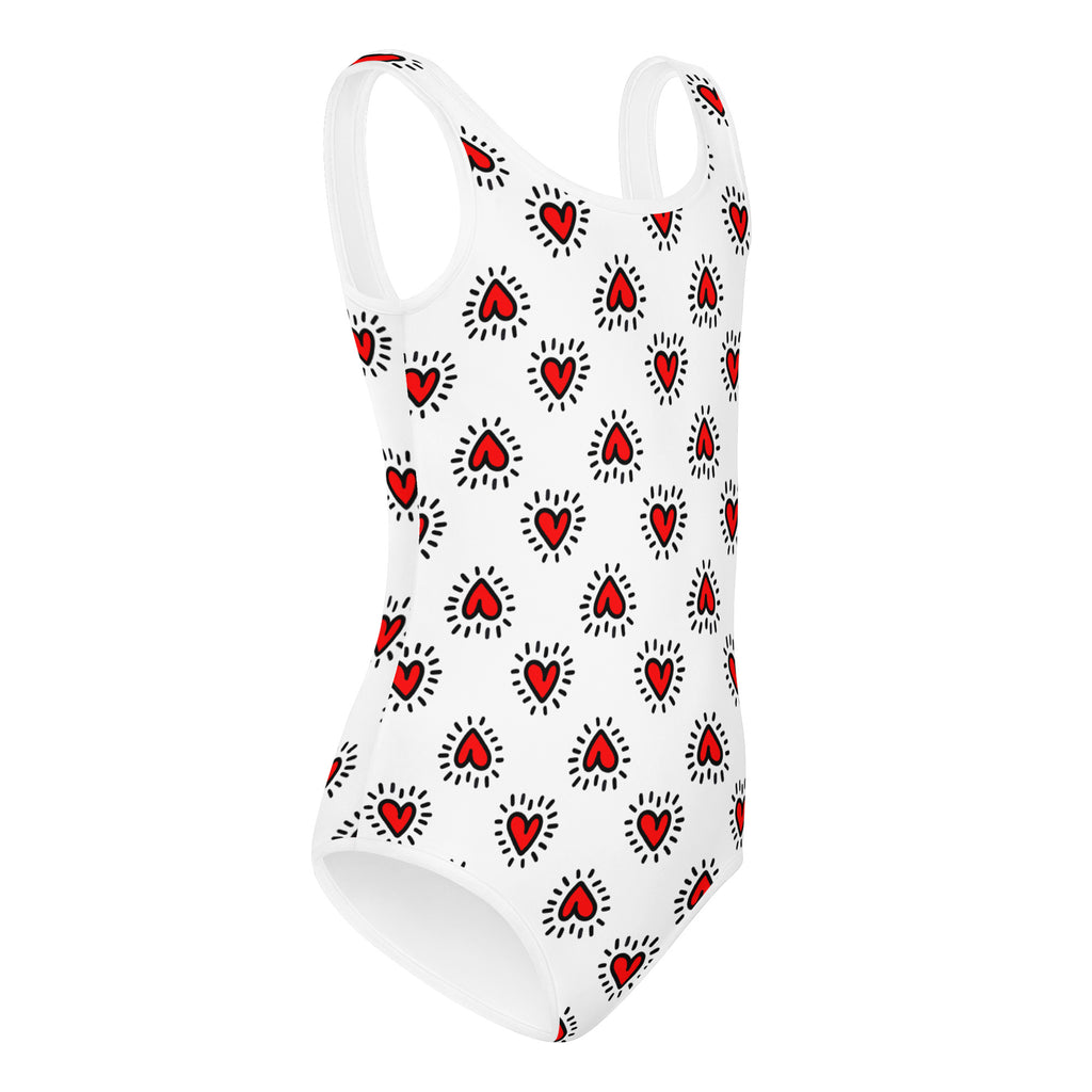 Girls valentine radiant heart buttery soft white one-piece swimsuit with red heart pattern for dance and gymnastics