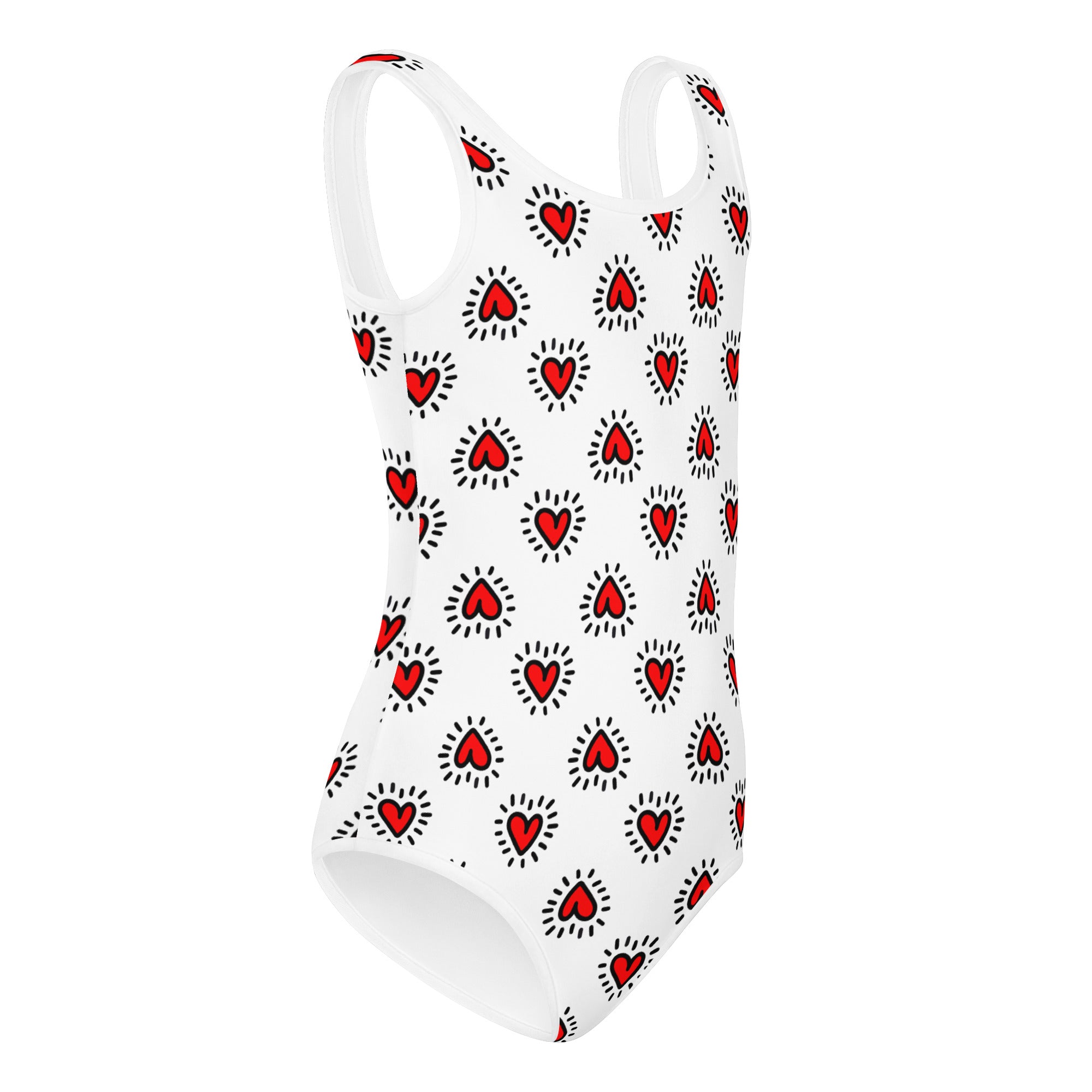 Girls valentine radiant heart buttery soft white one-piece swimsuit with red heart pattern for dance and gymnastics