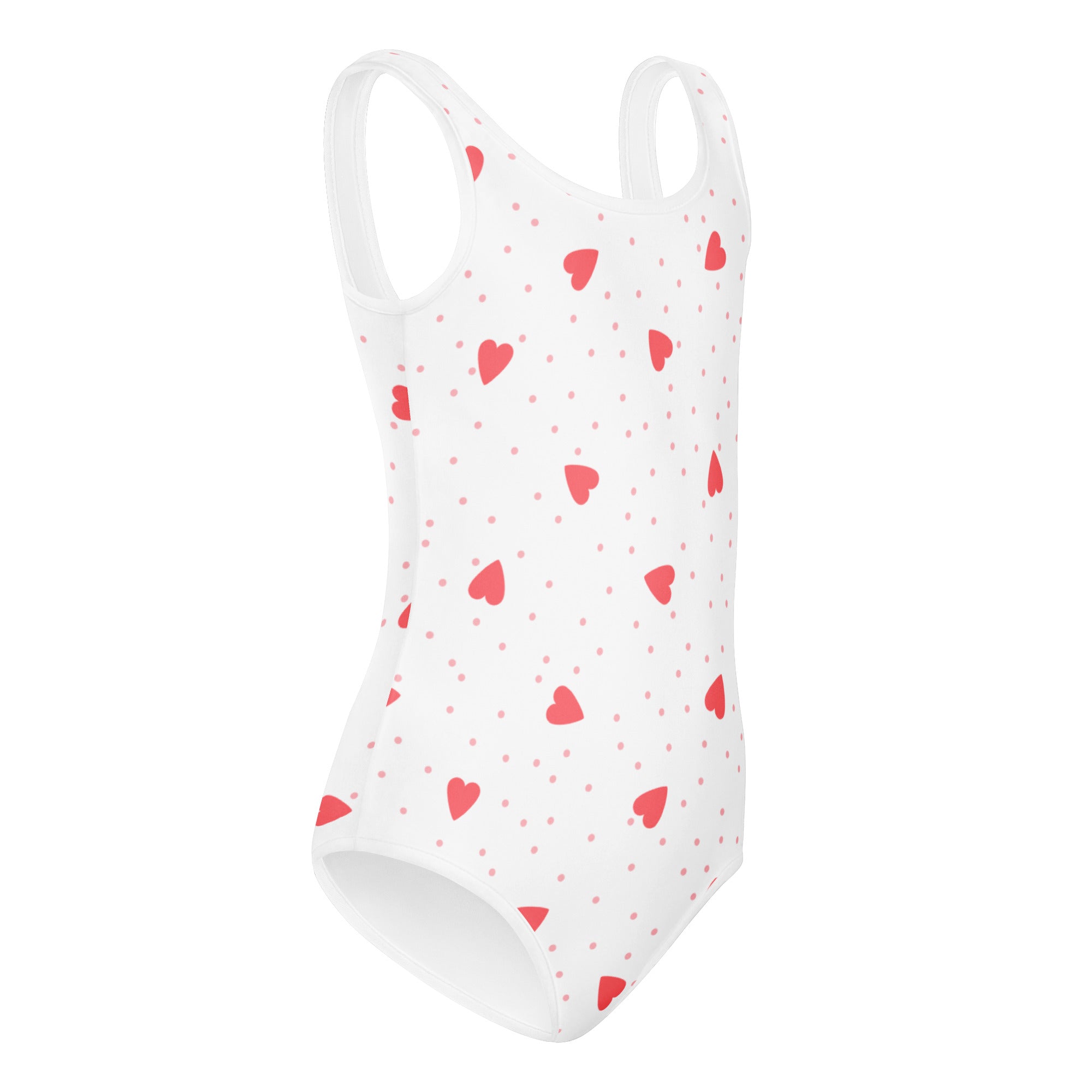 White one-piece swimsuit with red heart and dot pattern buttery soft quick drying for girls dance and gymnastics