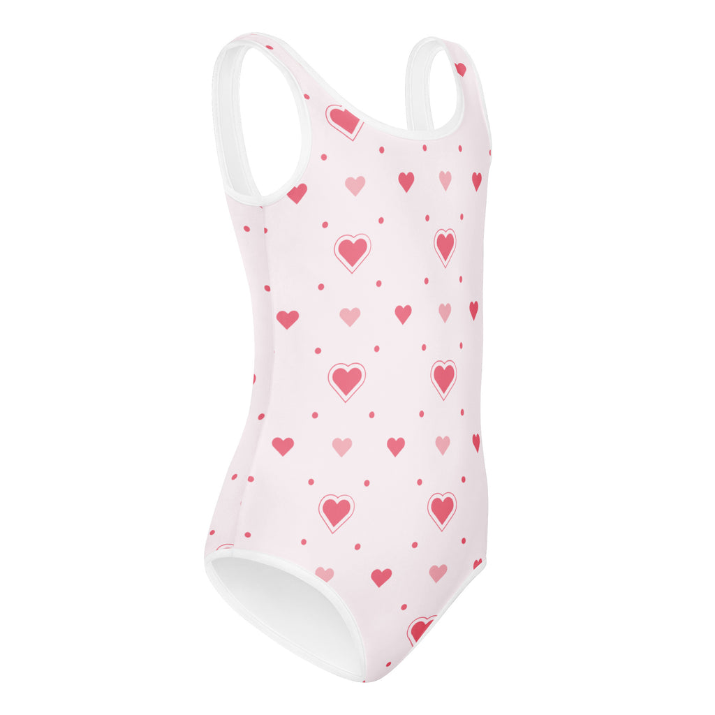 Girls valentine pink heart buttery soft white leotard with playful pink hearts and dots for dance and gymnastics