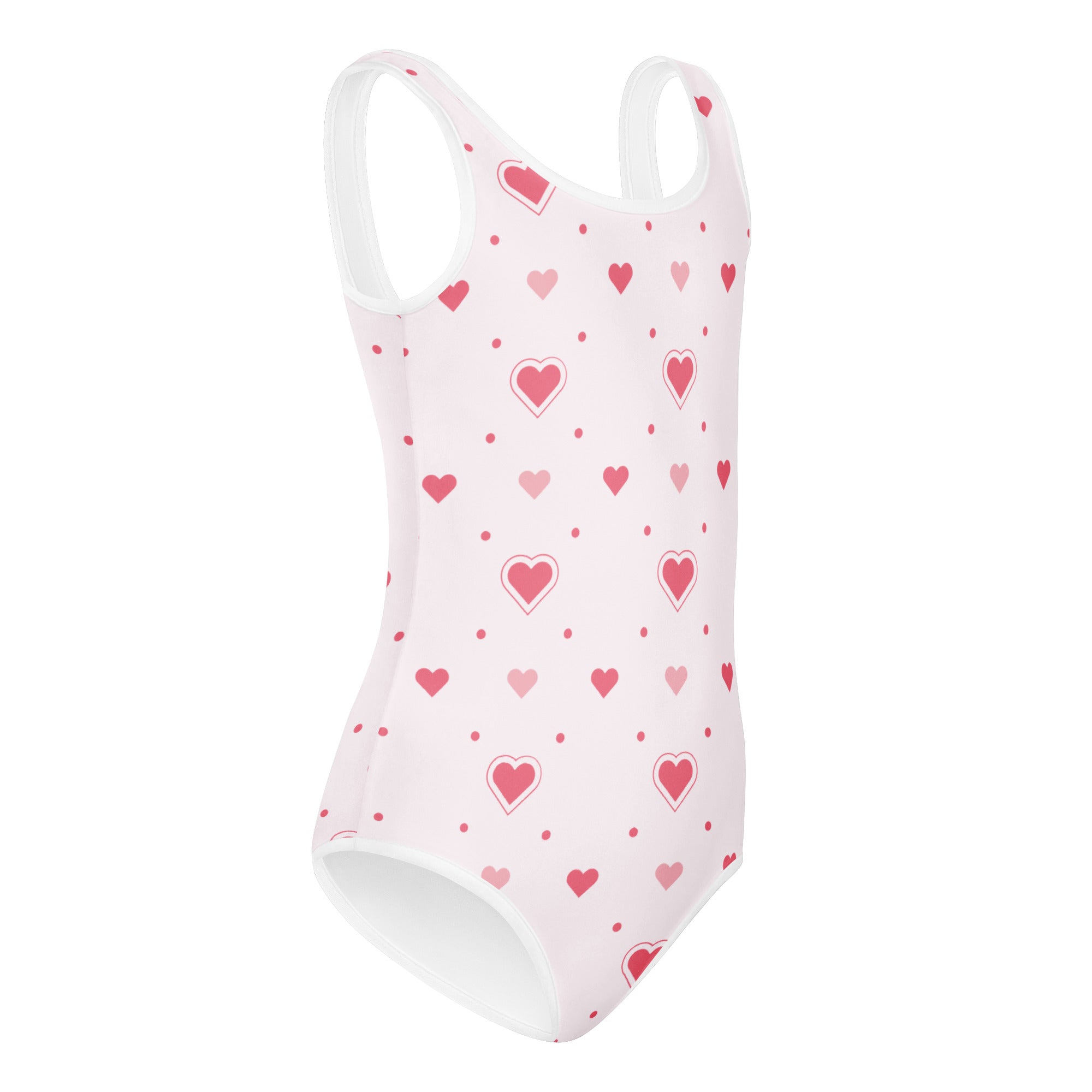 Girls valentine pink heart buttery soft white leotard with playful pink hearts and dots for dance and gymnastics