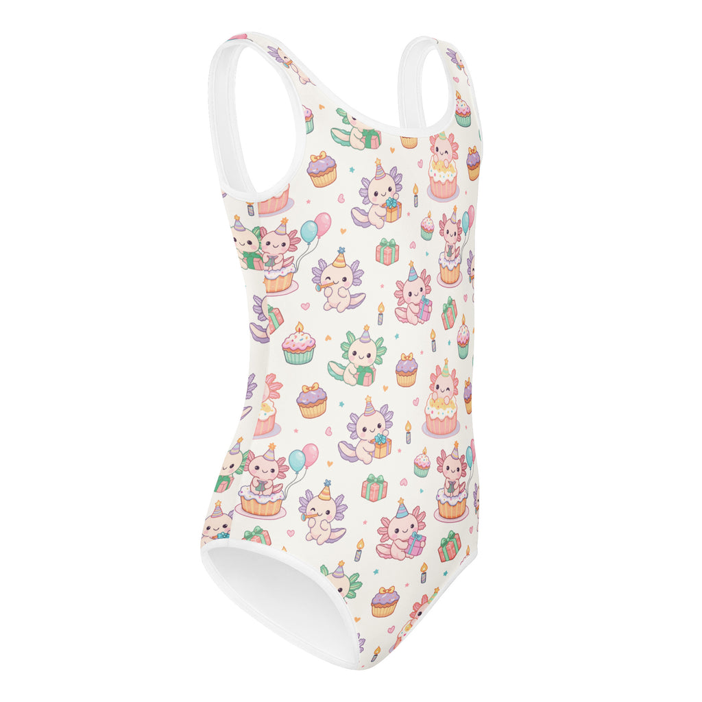 White girls axolotl birthday buttery soft quick drying leotard with party hat axolotl and cupcake pattern