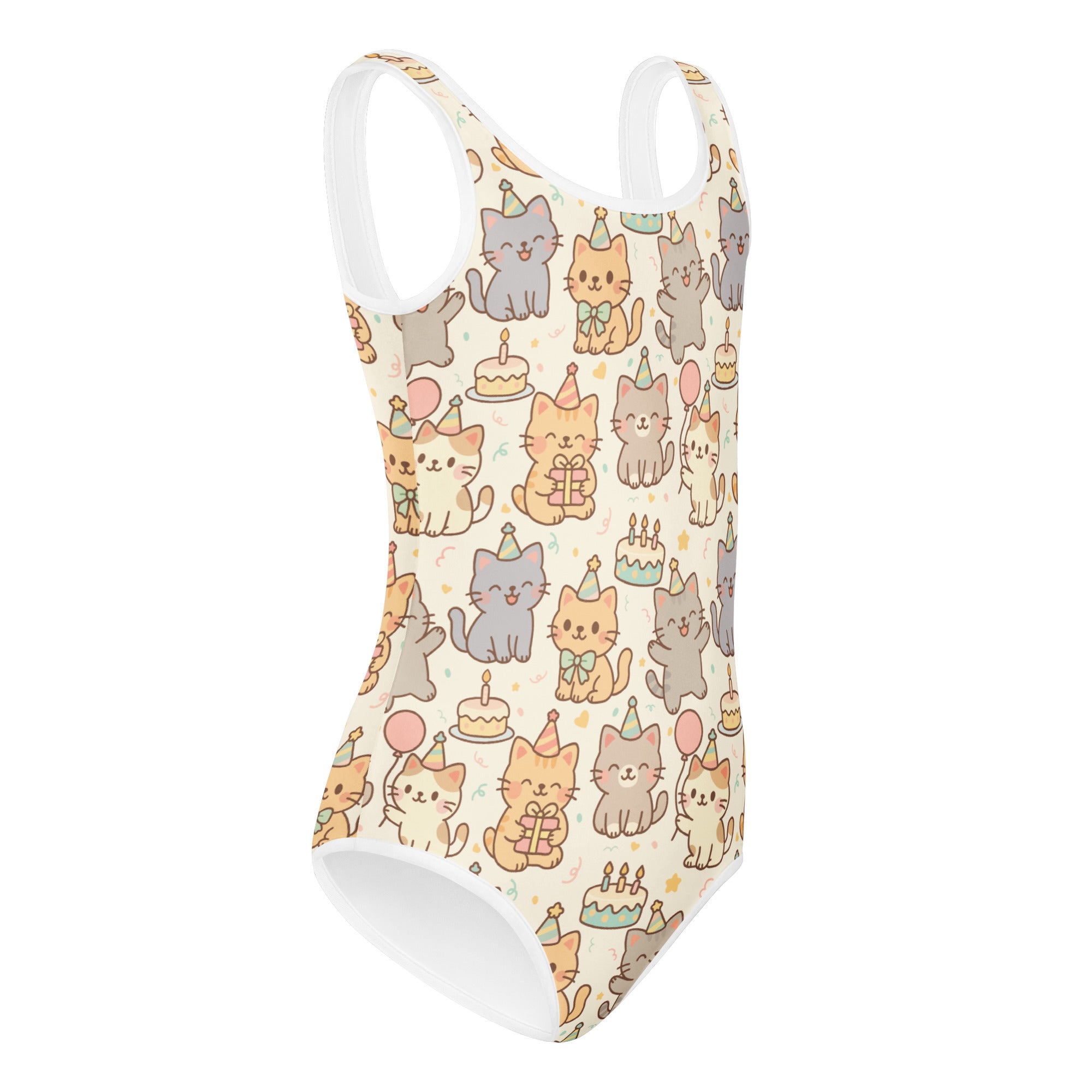 Girls kitten birthday buttery soft leotard with cartoon cats on cream fabric and white trim for dance and gymnastics