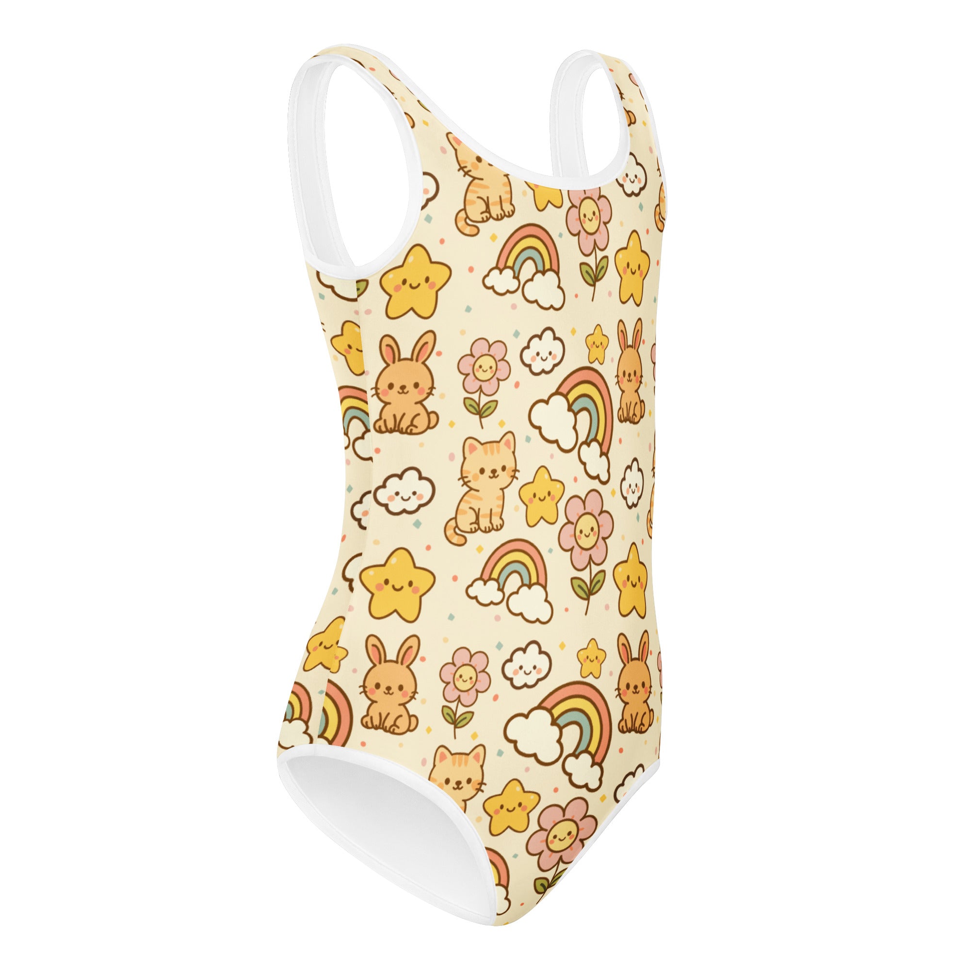 Girls cream one-piece leotard with white trim and pastel cats rabbits rainbows stars quick drying for dance and gymnastics