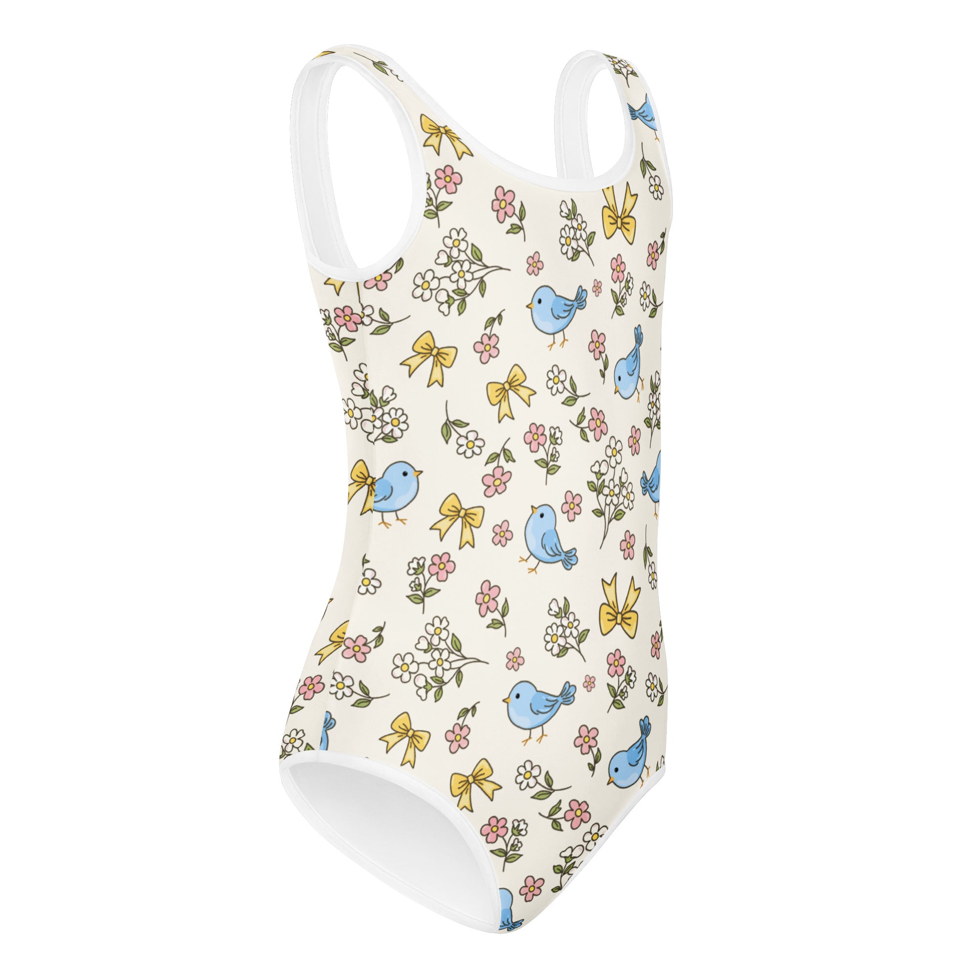 White one-piece girls leotard with blue birds yellow bows and pink flowers quick drying for dance and gymnastics