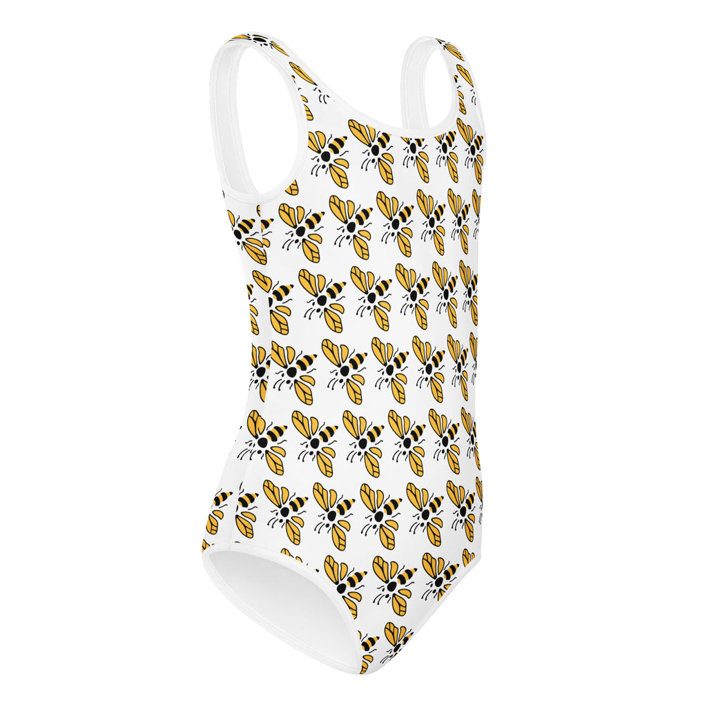 Girls bee print buttery soft white one-piece swimsuit with yellow and black cartoon bees quick drying for dance and gymnastics