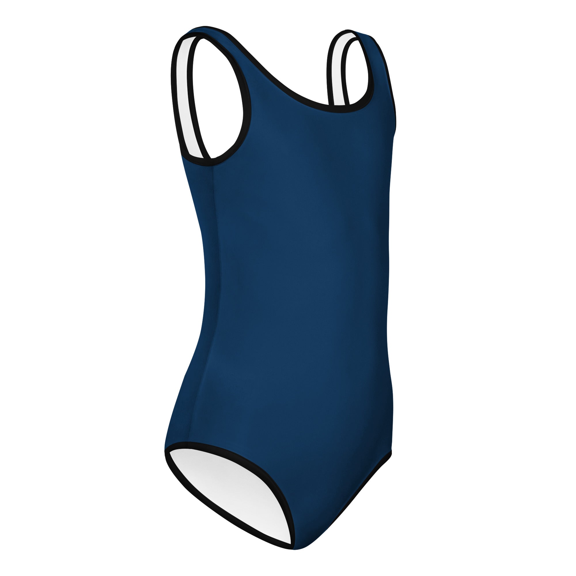 Girls navy blue buttery soft leotard with white trim quick drying for dance and gymnastics in a sleek one-piece design