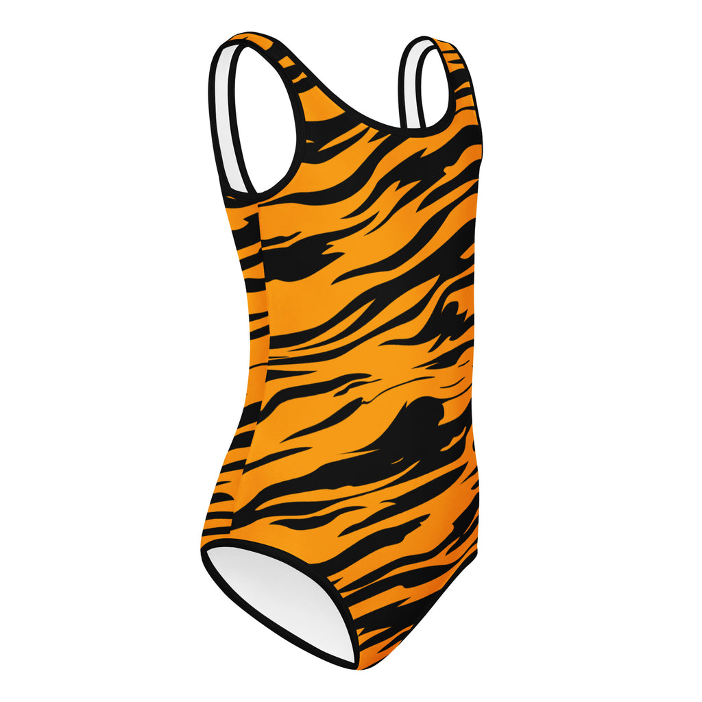 Girls tiger stripe buttery soft leotard in orange and black with white trim, quick drying for dance and gymnastics
