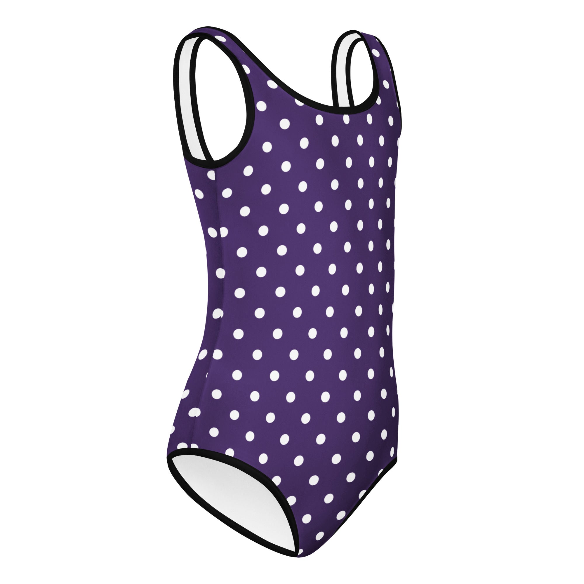 Girls dark purple one-piece leotard with white polka dots black trim buttery soft quick drying for dance and gymnastics