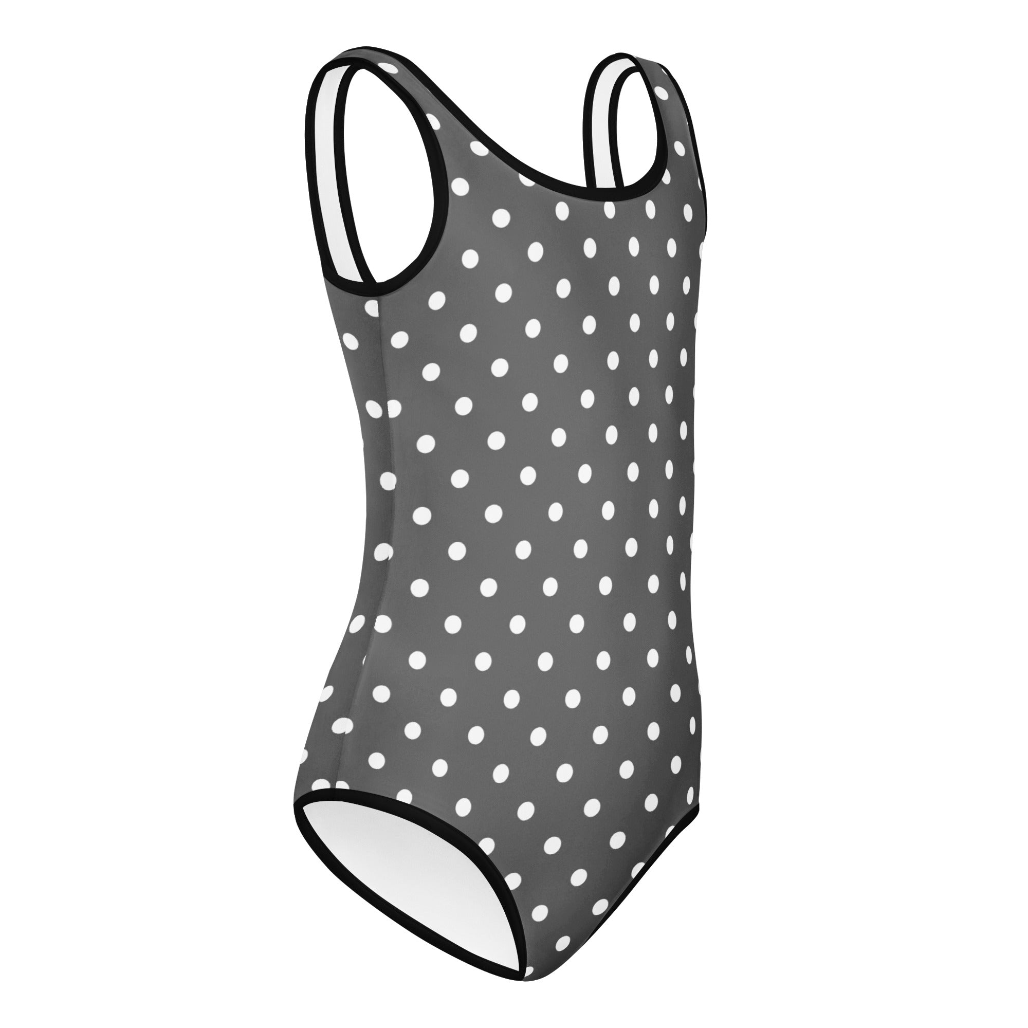 Girls gray polka dot buttery soft one-piece swimsuit with white dots and black trim quick drying for dance and gymnastics