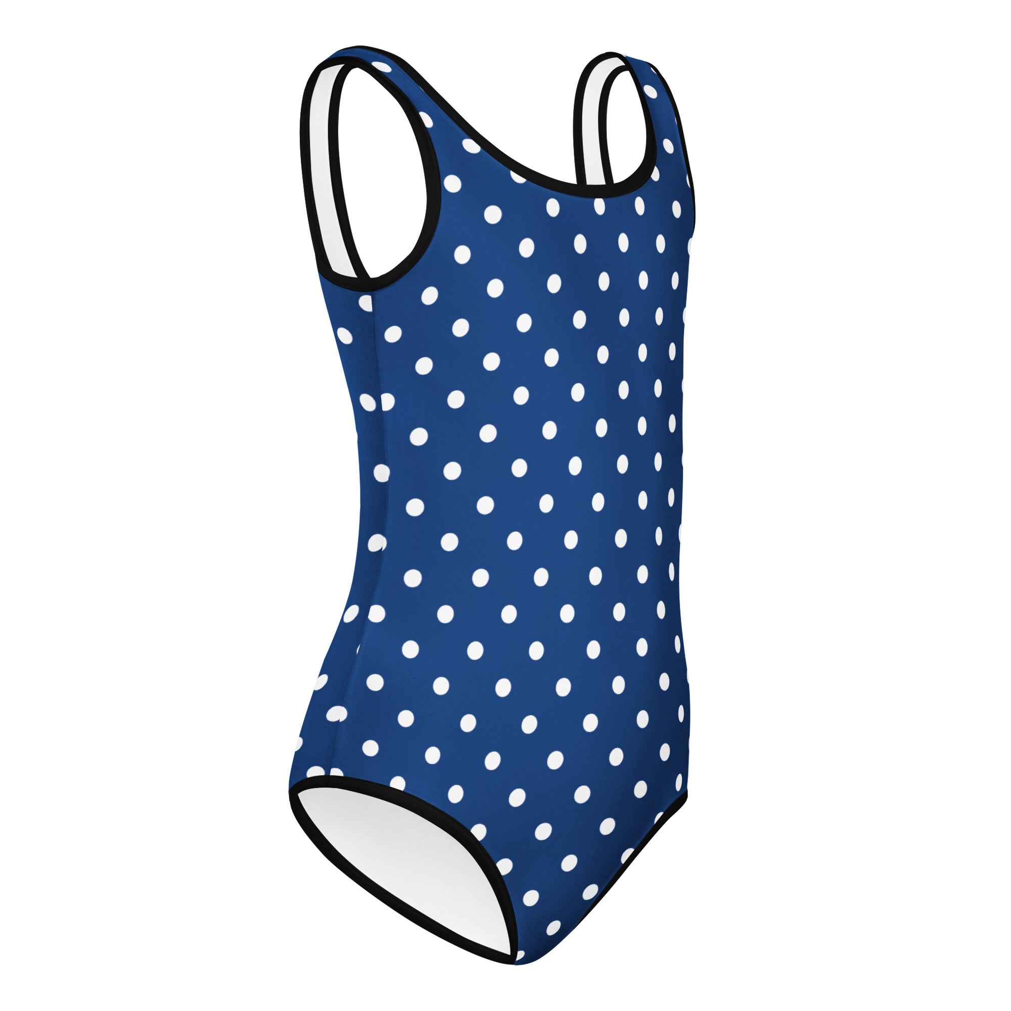 Girls navy blue polka dot buttery soft leotard with black trim quick drying for dance and gymnastics