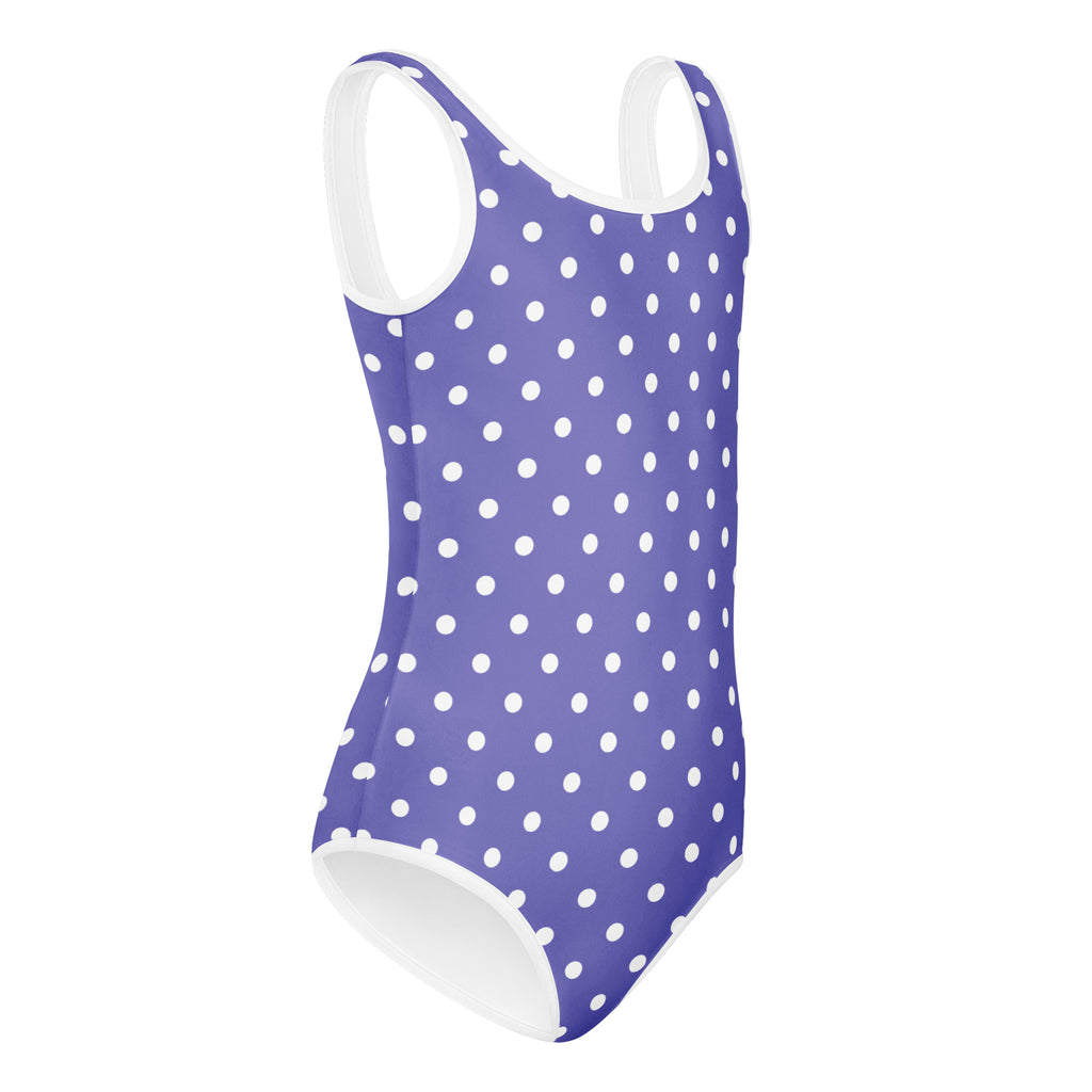 Girls purple polka dot buttery soft leotard with white trim quick drying for dance and gymnastics