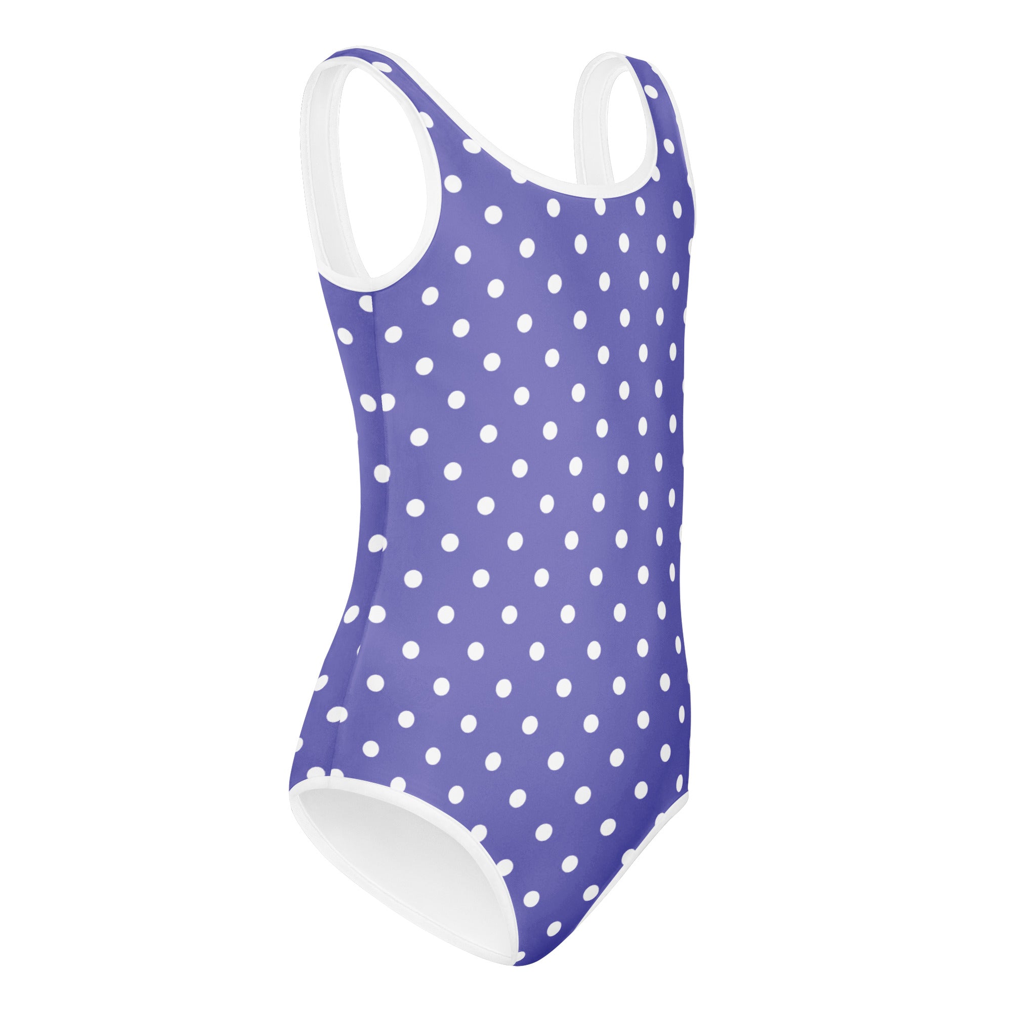 Girls purple polka dot buttery soft leotard with white trim quick drying for dance and gymnastics