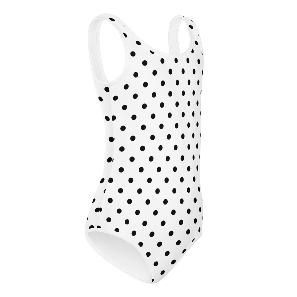 Girls white polka dot buttery soft quick drying leotard for dance and gymnastics in one-piece swimsuit style
