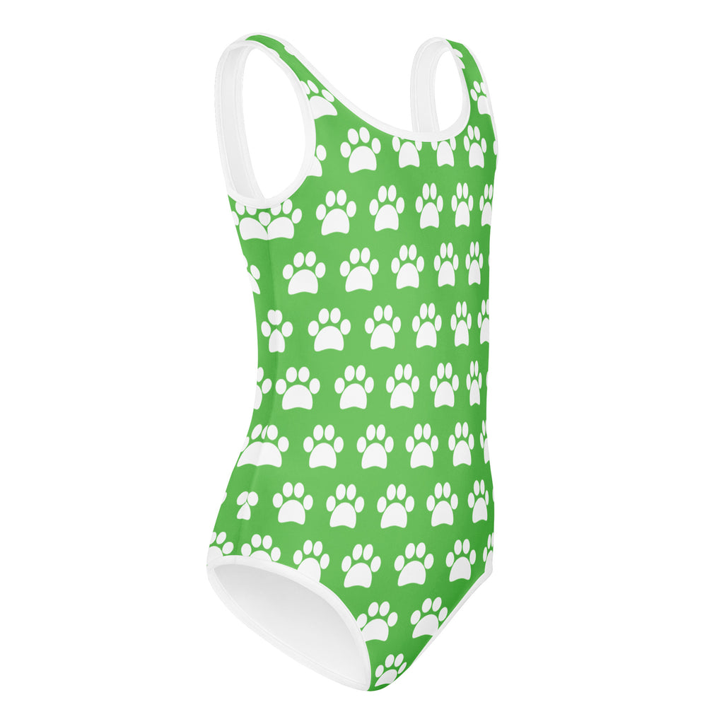 Girls green paw print buttery soft quick drying leotard with white trim for dance and gymnastics