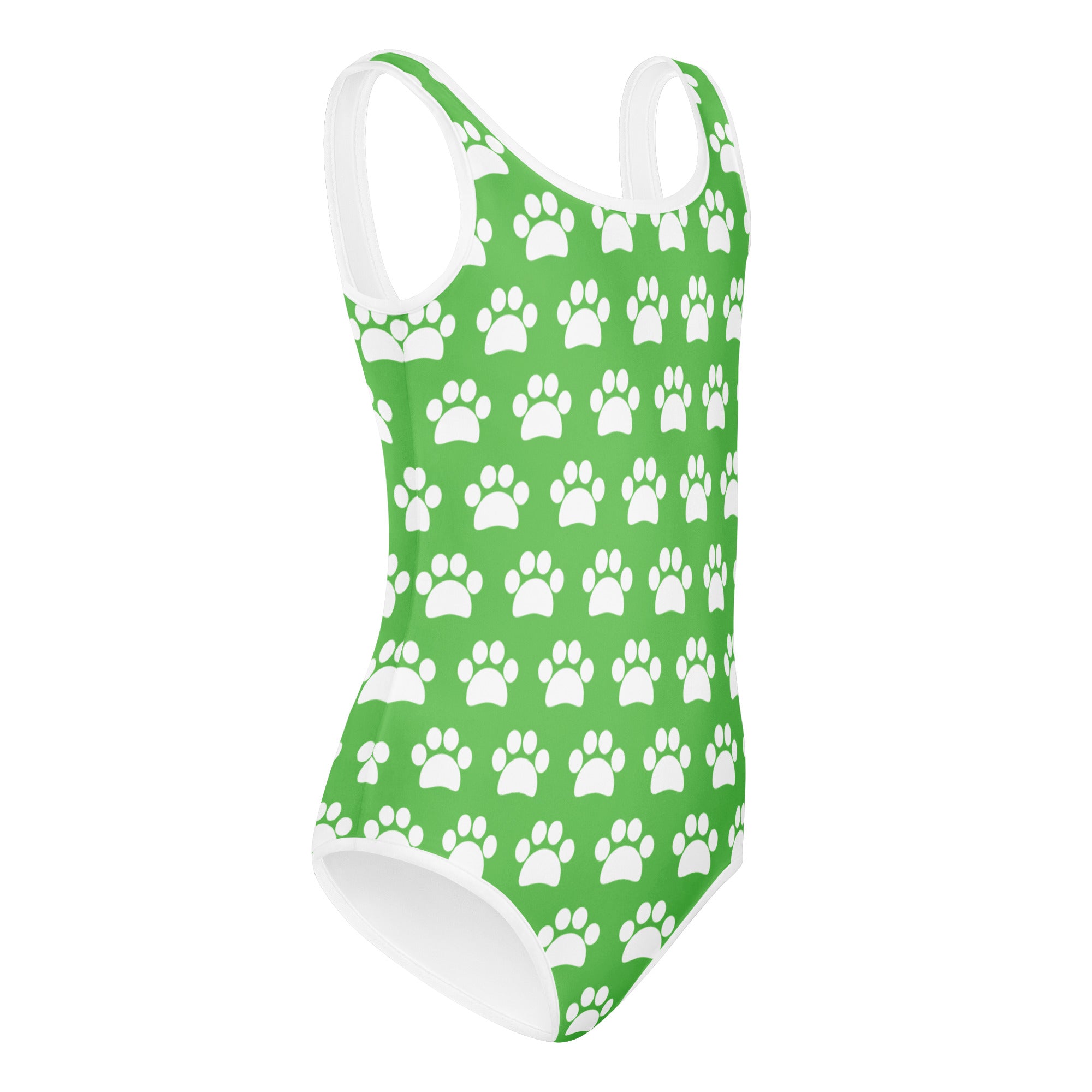 Girls green paw print buttery soft quick drying leotard with white trim for dance and gymnastics
