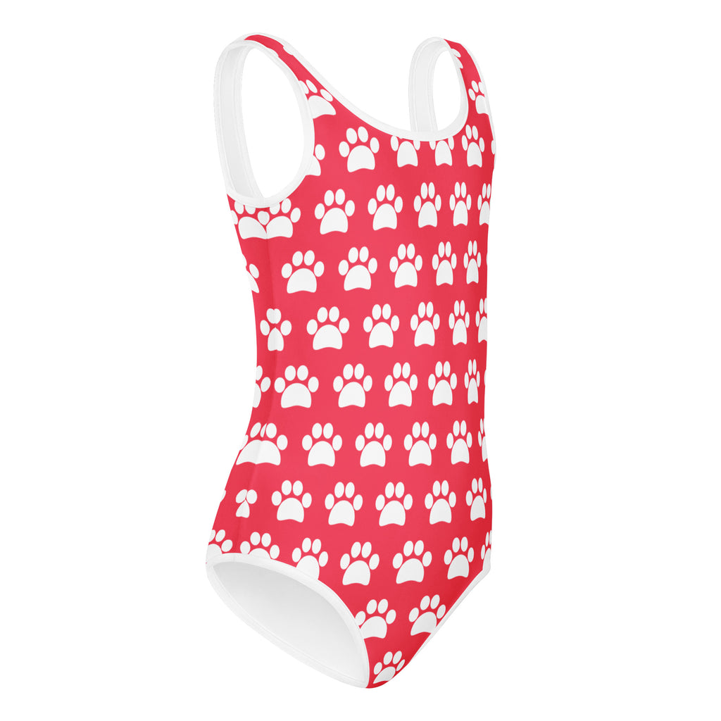 Girls bright pink paw print one-piece swimsuit with white trim made of buttery soft quick drying fabric for dance and gymnastics
