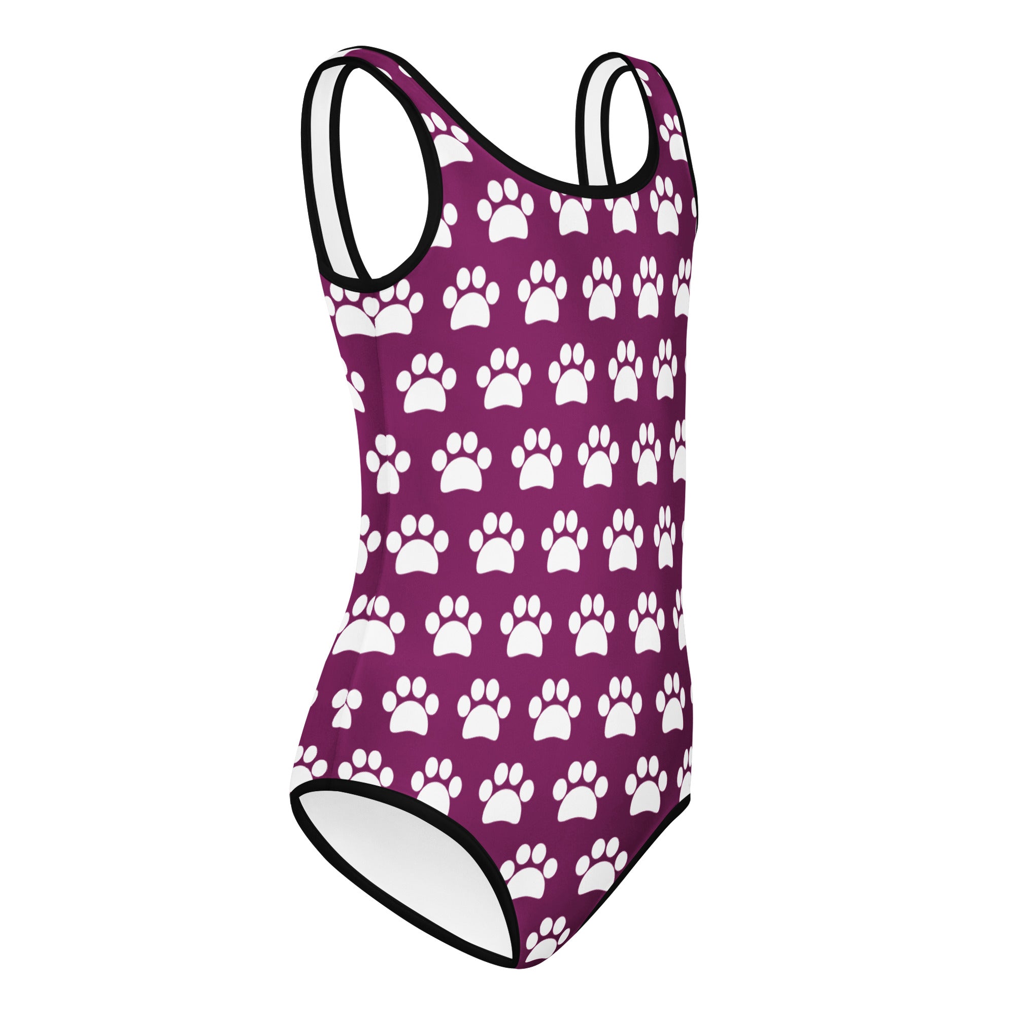 Girls purple paw print buttery soft leotard with white paw prints black trim quick drying for dance and gymnastics