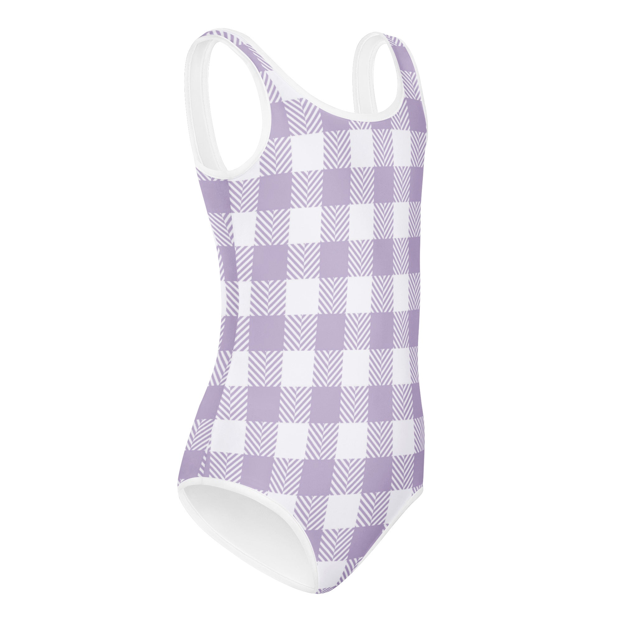 Girls purple gingham buttery soft lavender and white one-piece swimsuit quick drying for dance and gymnastics