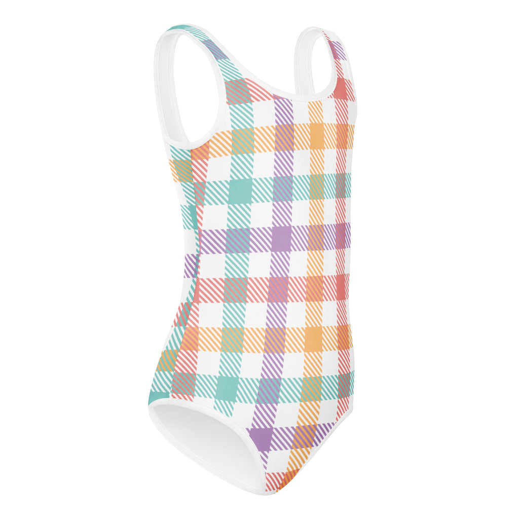 Girls pastel gingham buttery soft leotard with vibrant plaid pattern and white straps quick drying for dance and gymnastics