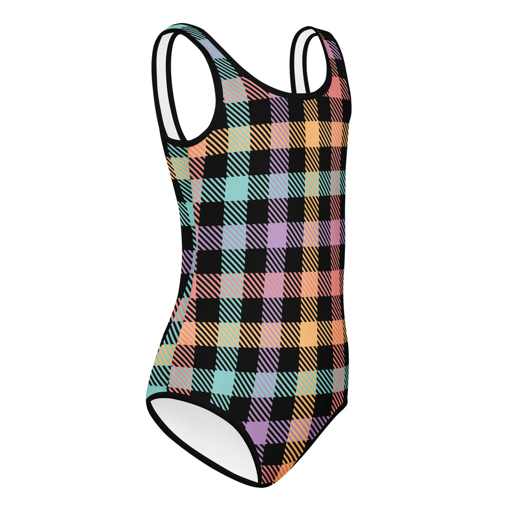 A girls pastel gingham buttery soft leotard in bold black pastel pink teal and orange plaid quick drying for dance and gymnastics