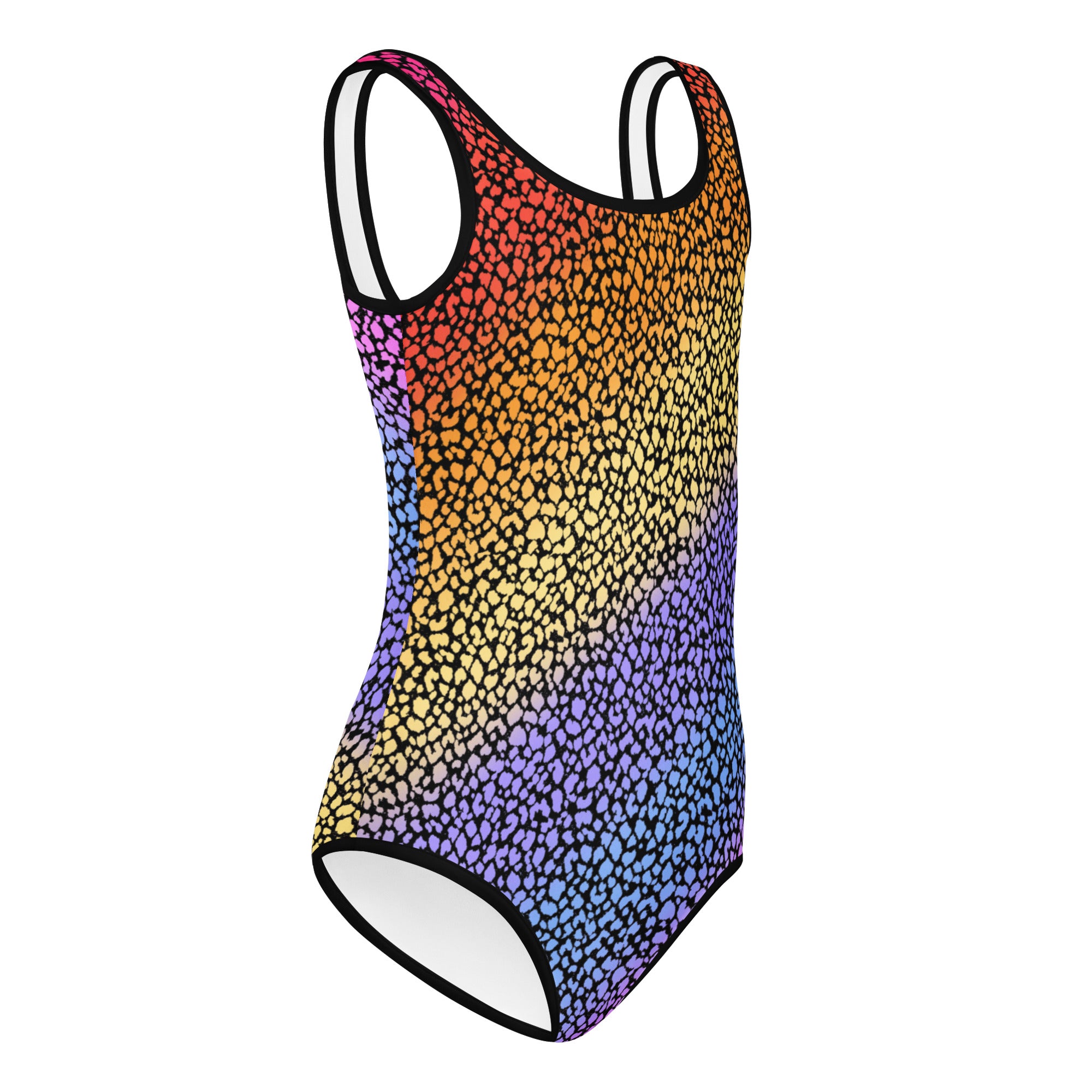 Girls colorful rainbow gradient leopard print one-piece swimsuit with black trim made of buttery soft quick-drying fabric for dance and gymnastics