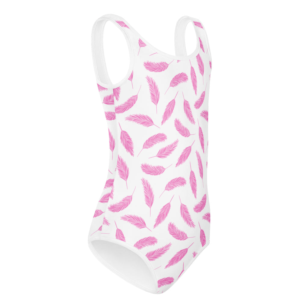 White girls one-piece swimsuit with pink feather print made of buttery soft quick drying fabric for dance and gymnastics