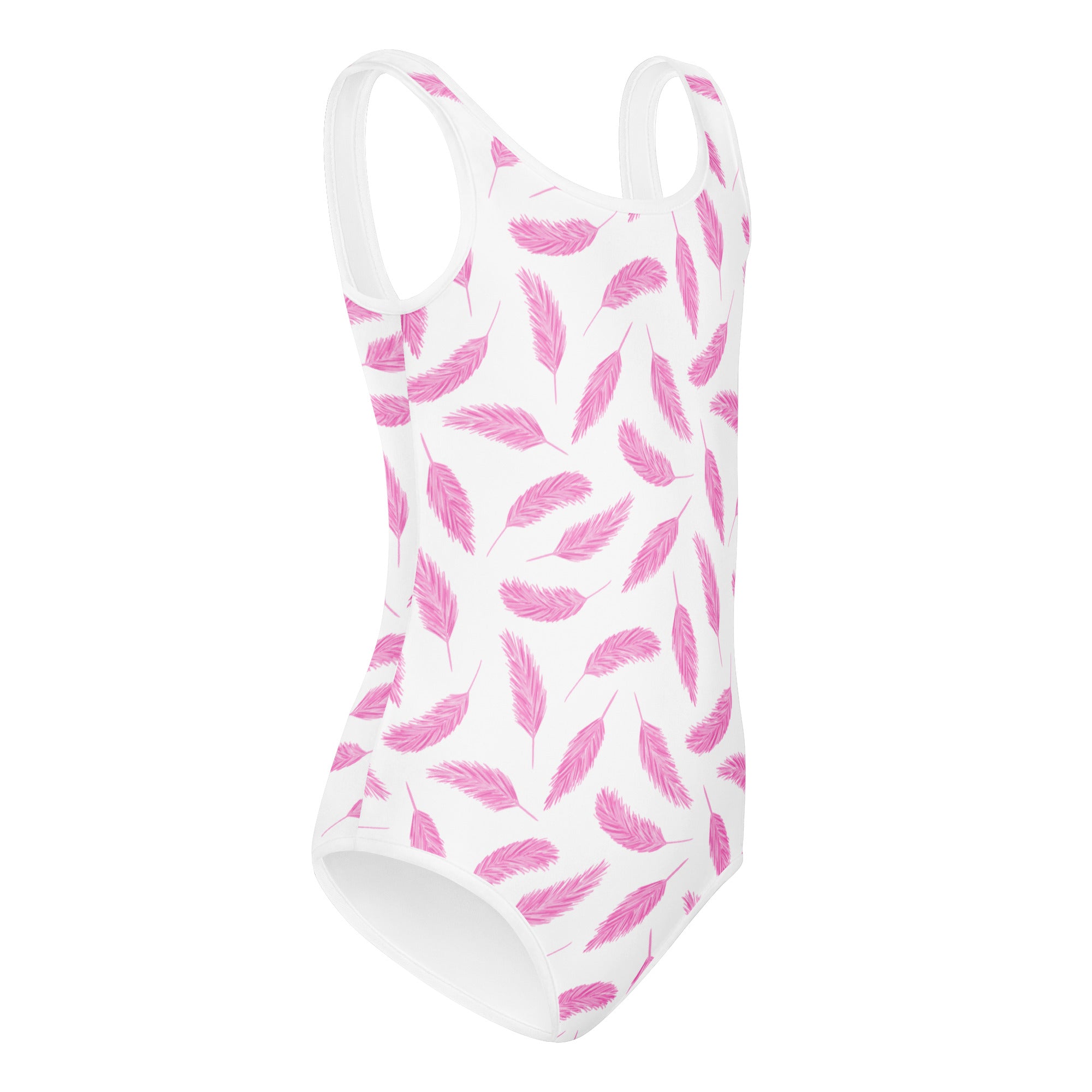 White girls one-piece swimsuit with pink feather print made of buttery soft quick drying fabric for dance and gymnastics