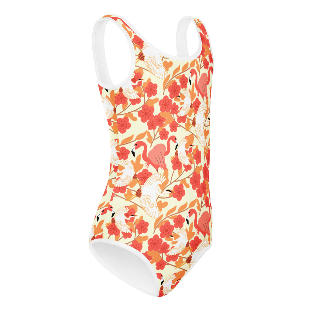 Girls floral flamingo and pelican buttery soft leotard with pink flamingos and white cranes on an off-white background