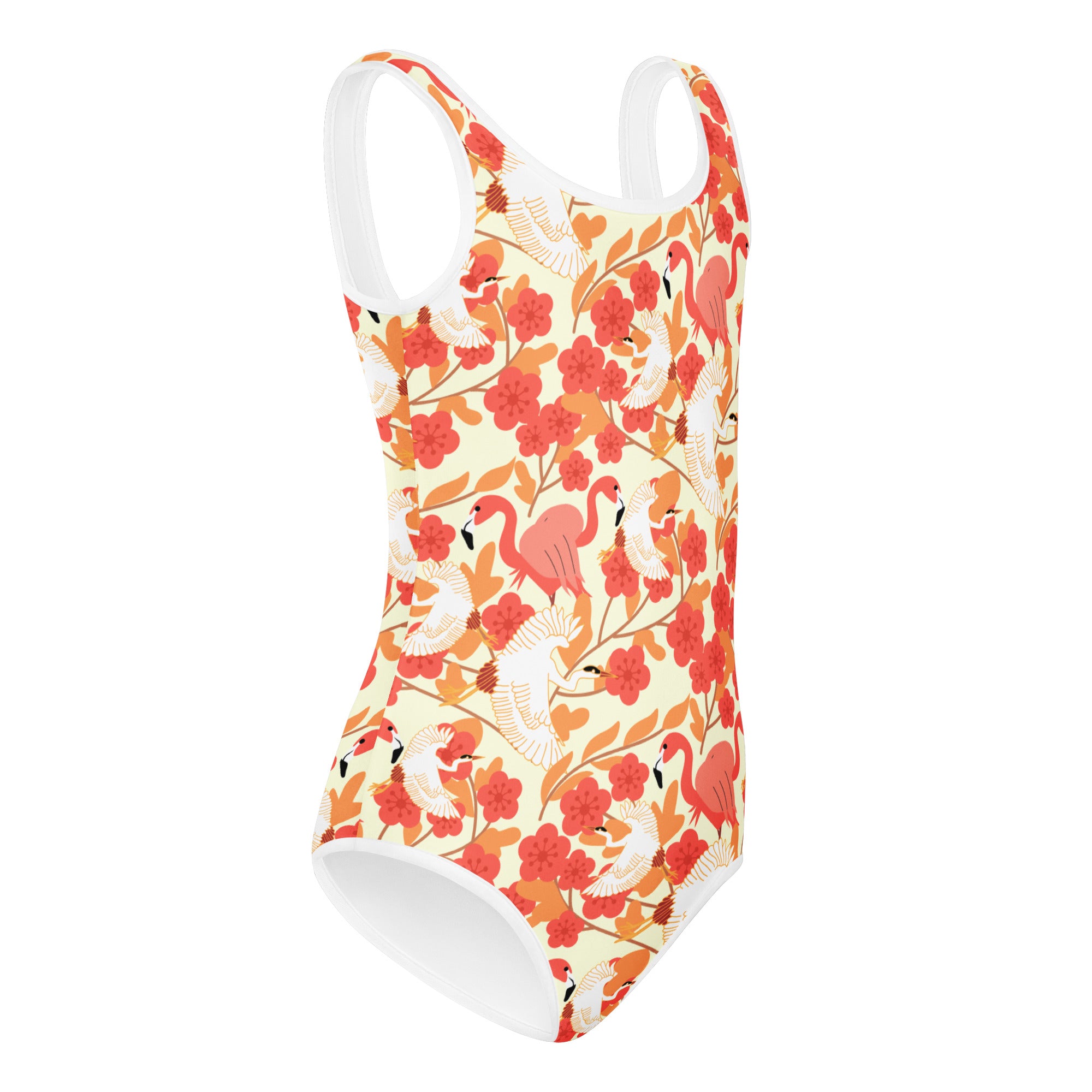 Girls floral flamingo and pelican buttery soft leotard with pink flamingos and white cranes on an off-white background